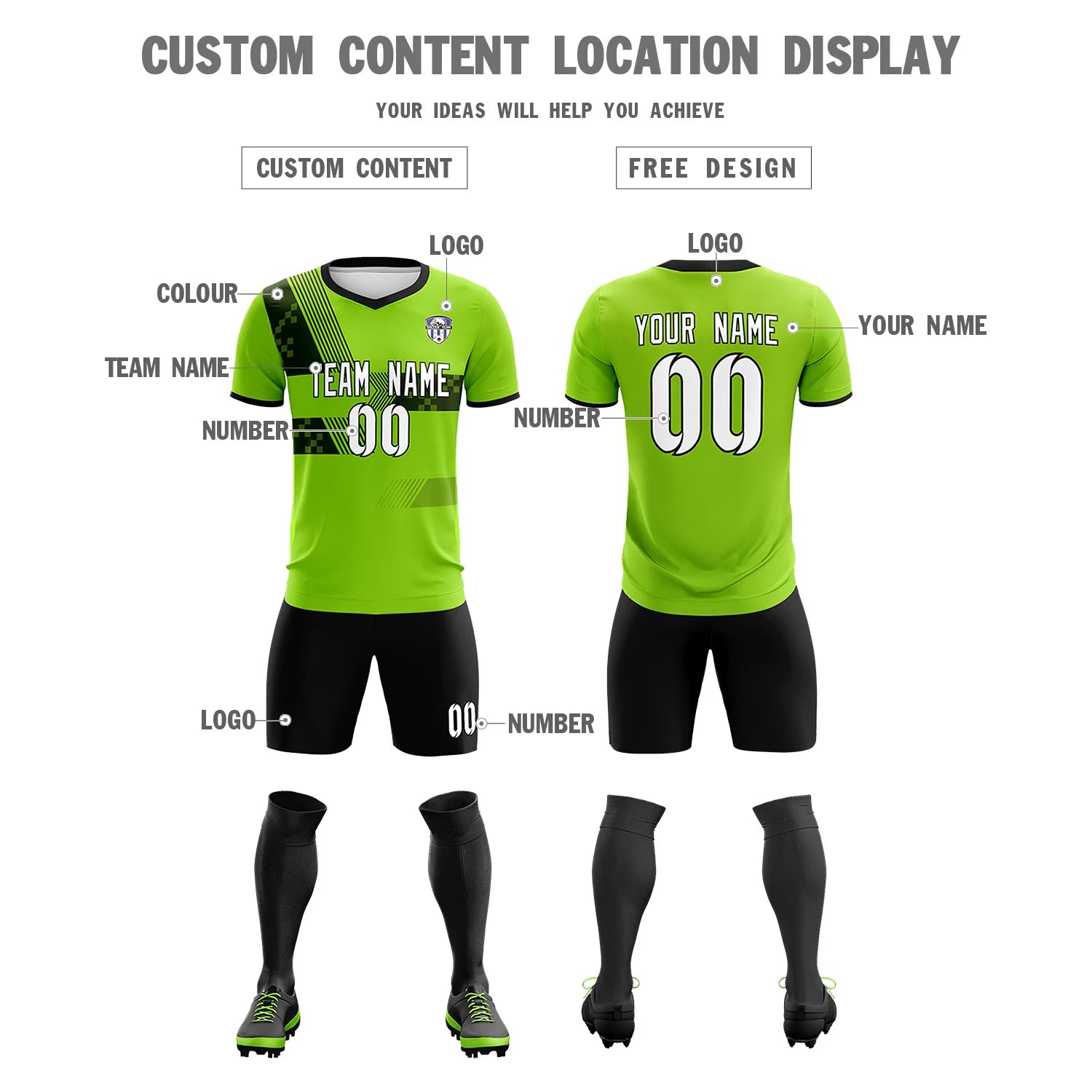 Custom Neon Green Black Training Uniform For Men Soccer Sets Jersey