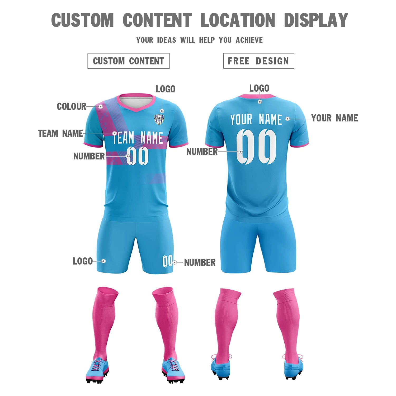 Custom Powder Blue Pink Training Uniform For Men Soccer Sets Jersey