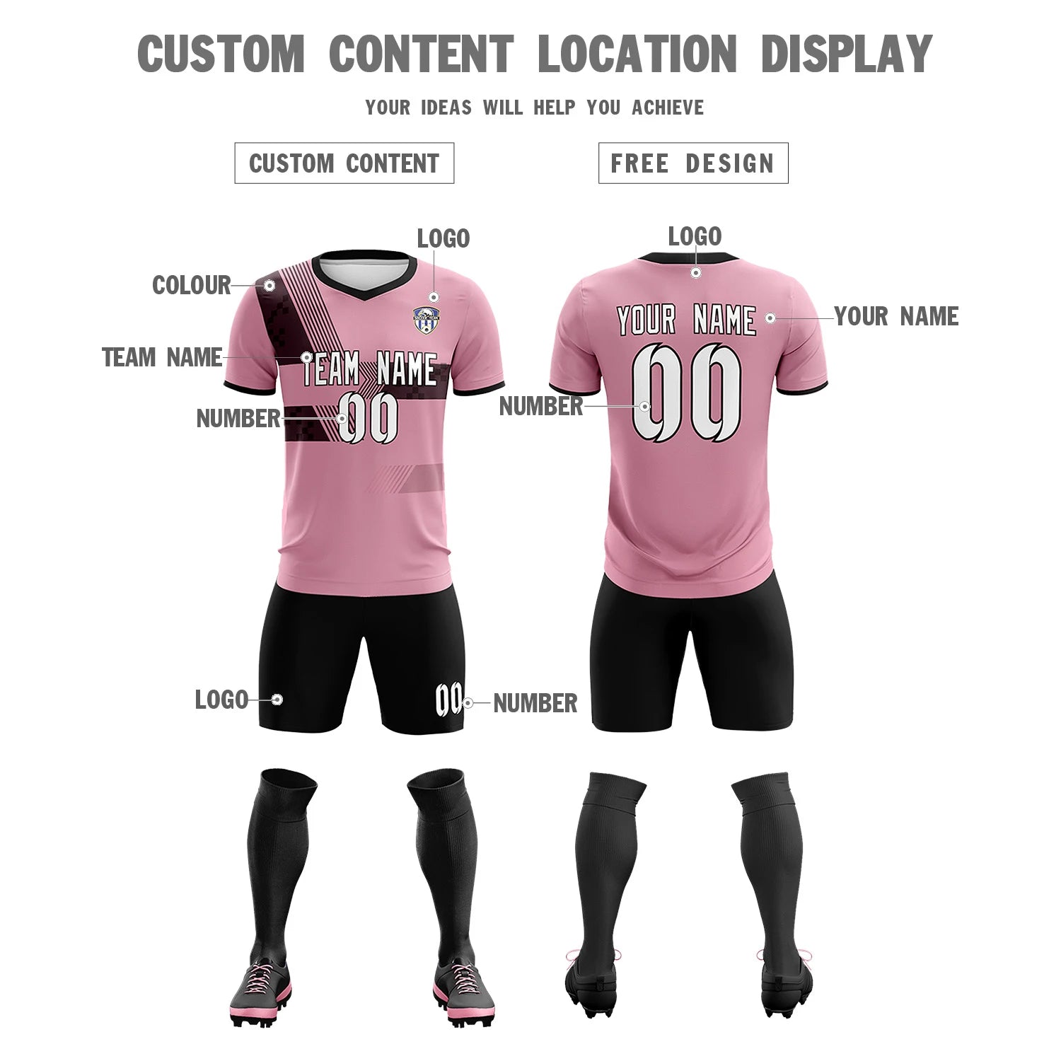 Custom Light Pink Black Training Uniform For Men Soccer Sets Jersey