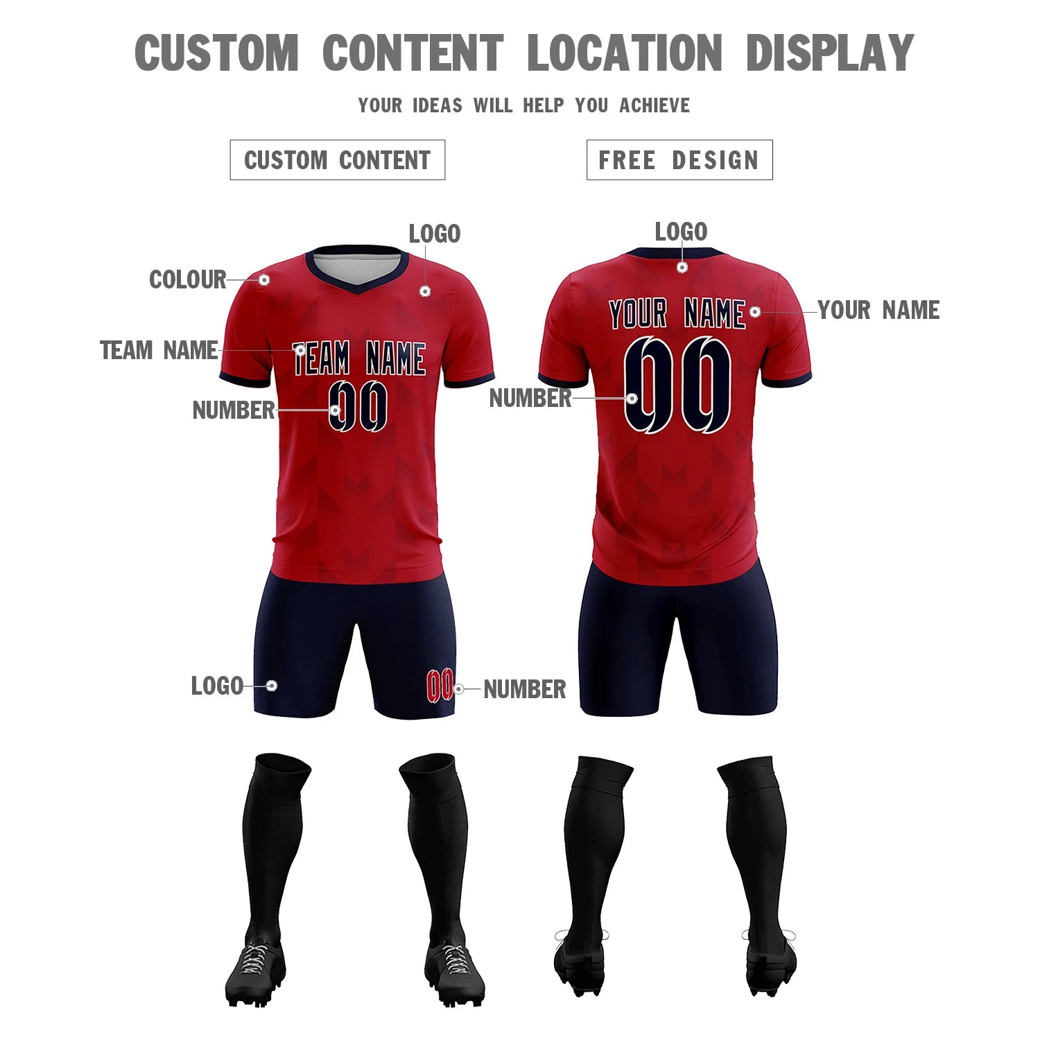 Custom Red Navy Men Uniform Soccer Sets Jersey