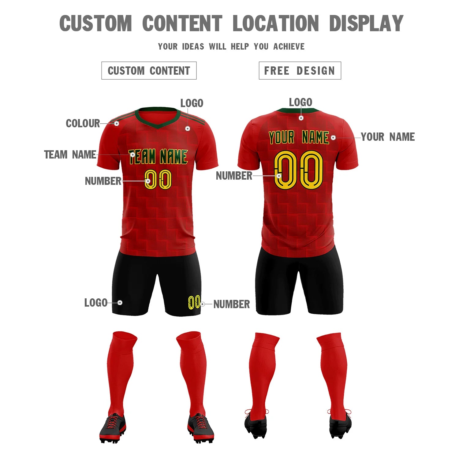 Custom Red Green Casual Outdoor Soccer Sets Jersey