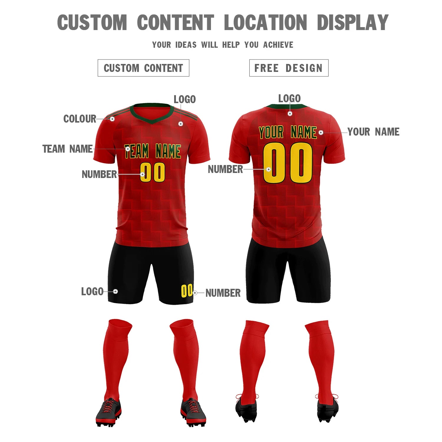 Custom Red Green Casual Outdoor Soccer Sets Jersey