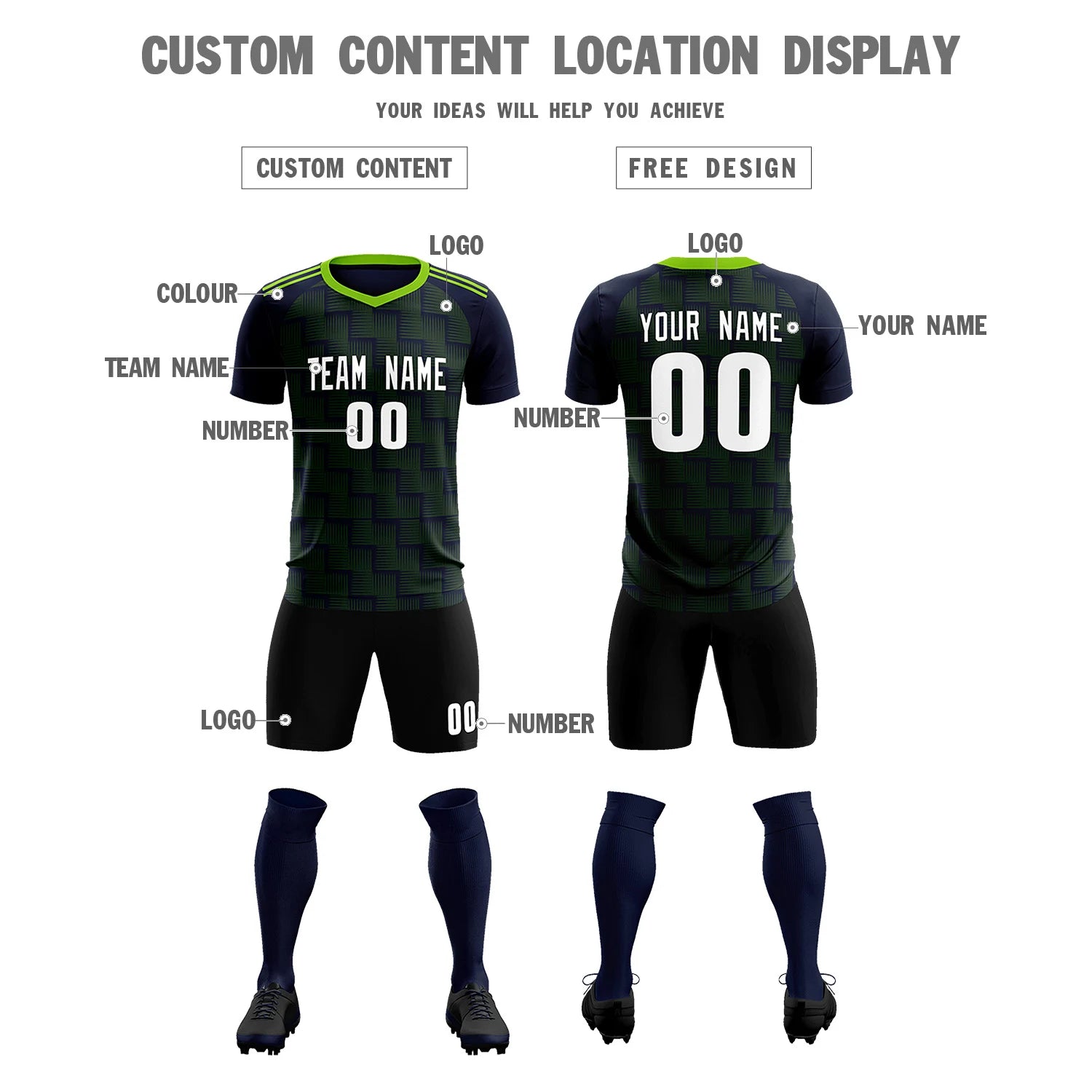Custom Navy Neon Green Casual Outdoor Soccer Sets Jersey