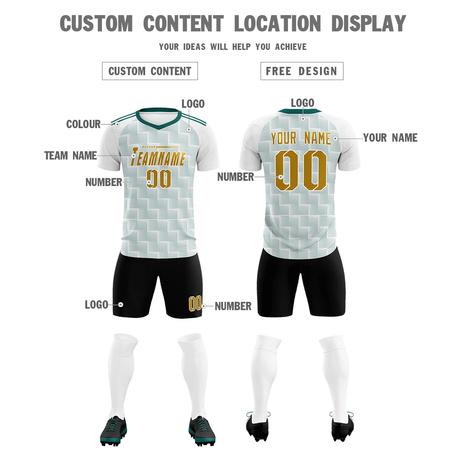 Custom White Midnight Green Casual Outdoor Soccer Sets Jersey