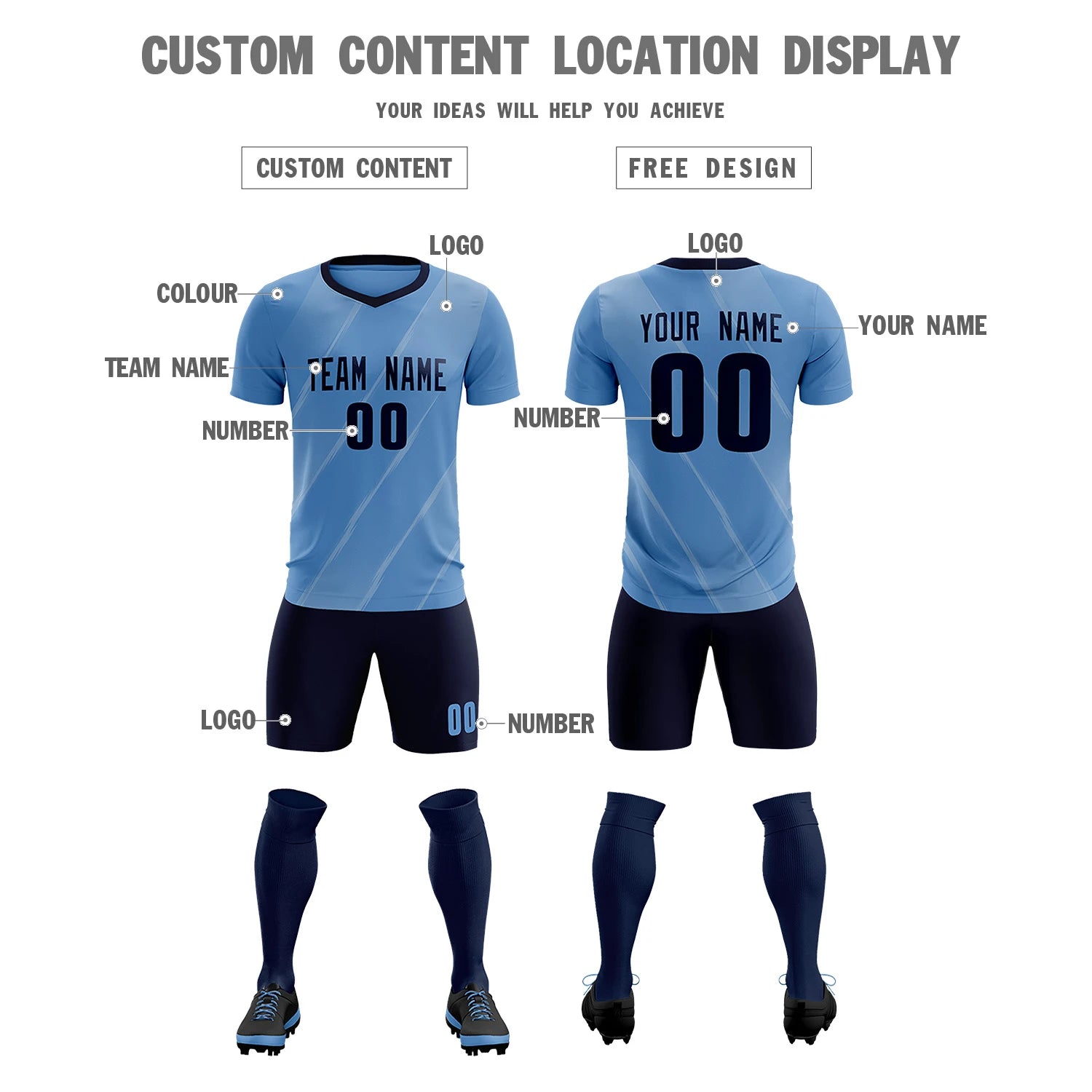 Custom Light Blue Navy Printing Sportswear Soccer Sets Jersey