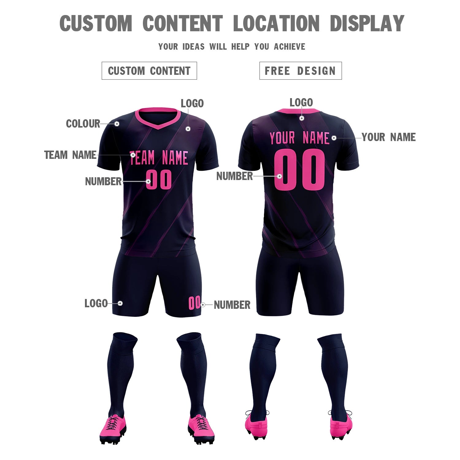 Custom Navy Pink Printing Sportswear Soccer Sets Jersey
