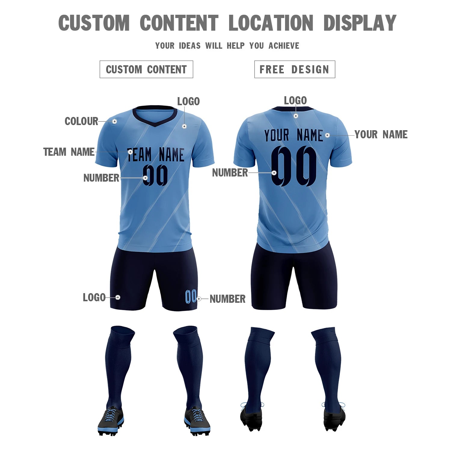 Custom Light Blue Navy Printing Sportswear Soccer Sets Jersey