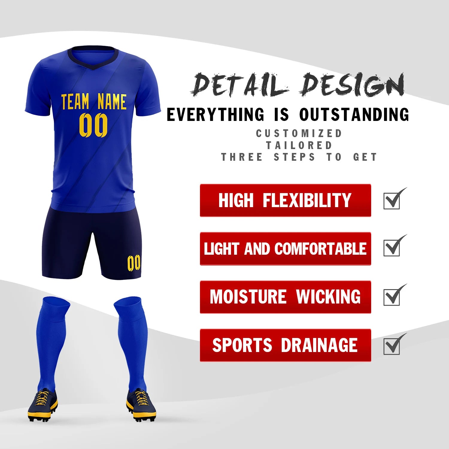 Custom Royal Blue Navy Printing Sportswear Soccer Sets Jersey