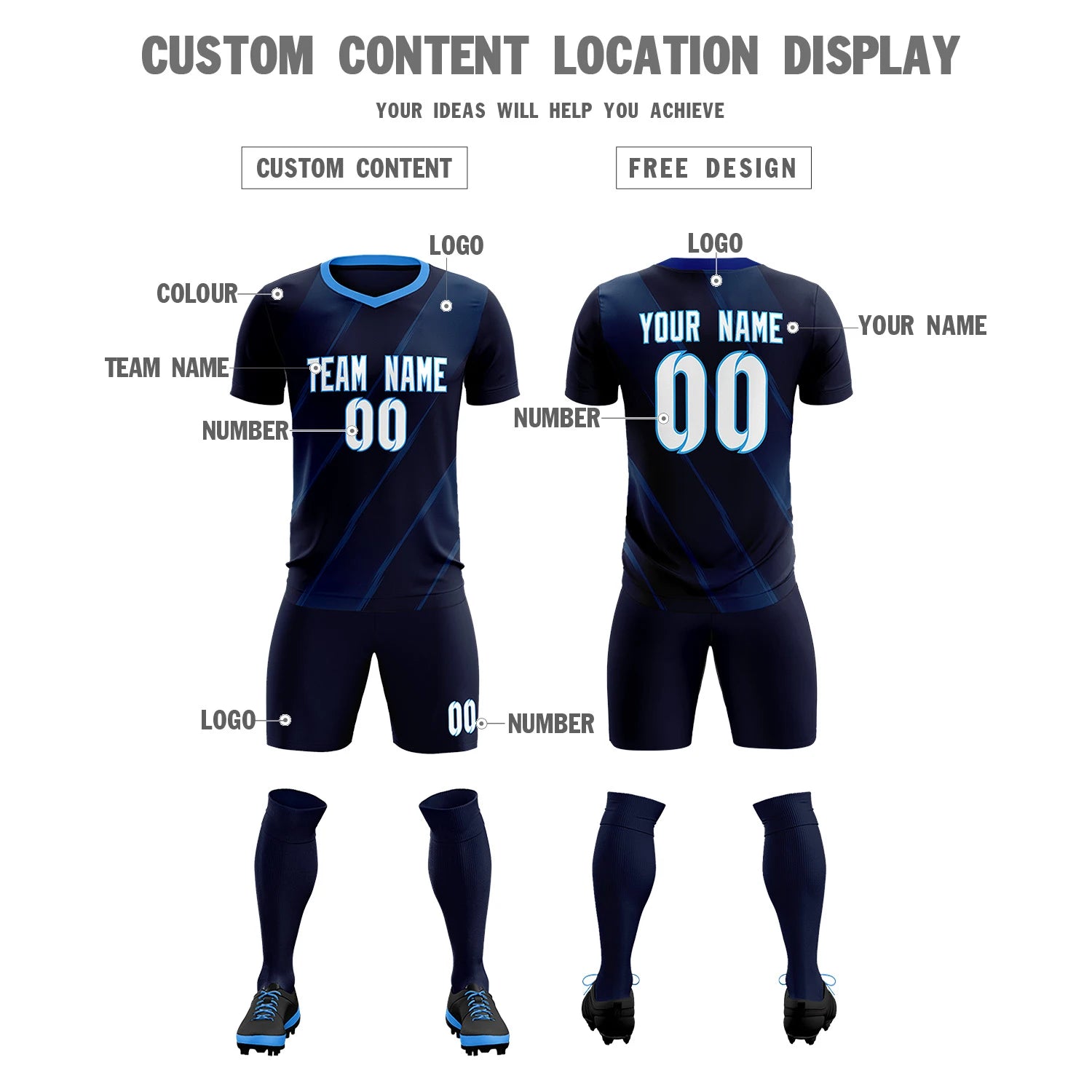 Custom Navy Powder Blue Printing Sportswear Soccer Sets Jersey