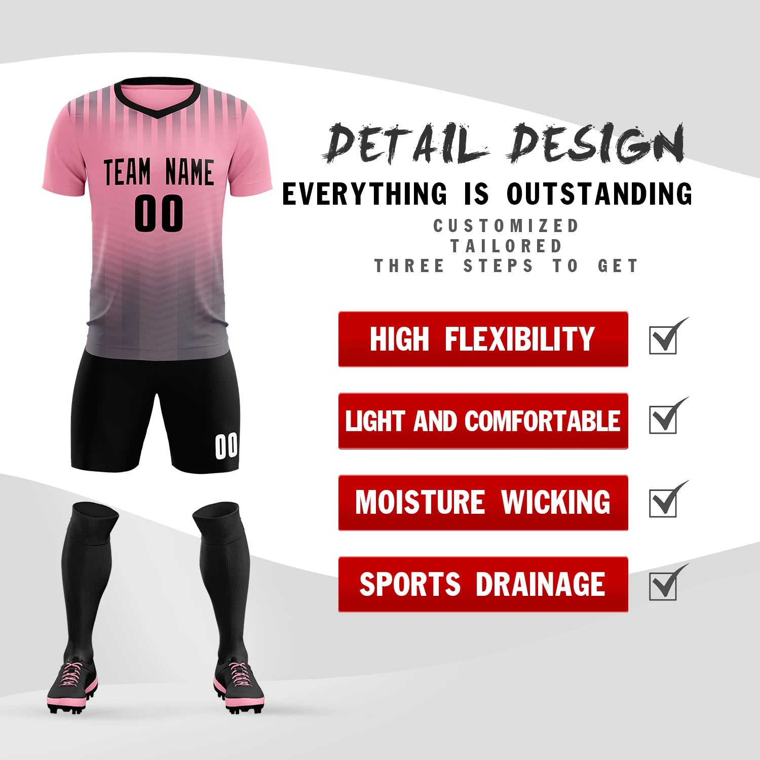 Custom Light Pink Gray Soft Training Uniform Soccer Sets Jersey