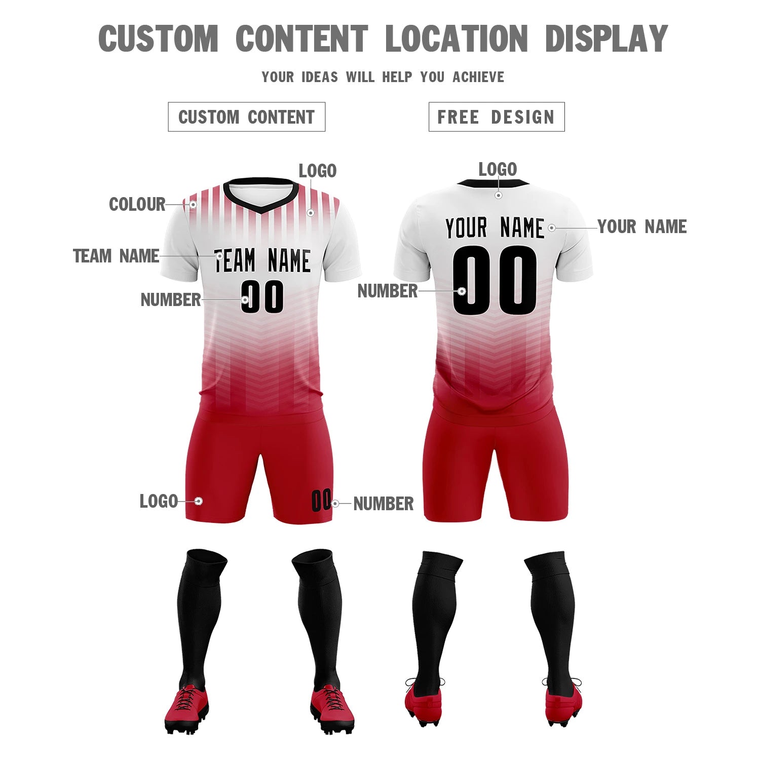 Custom White Red Soft Training Uniform Soccer Sets Jersey