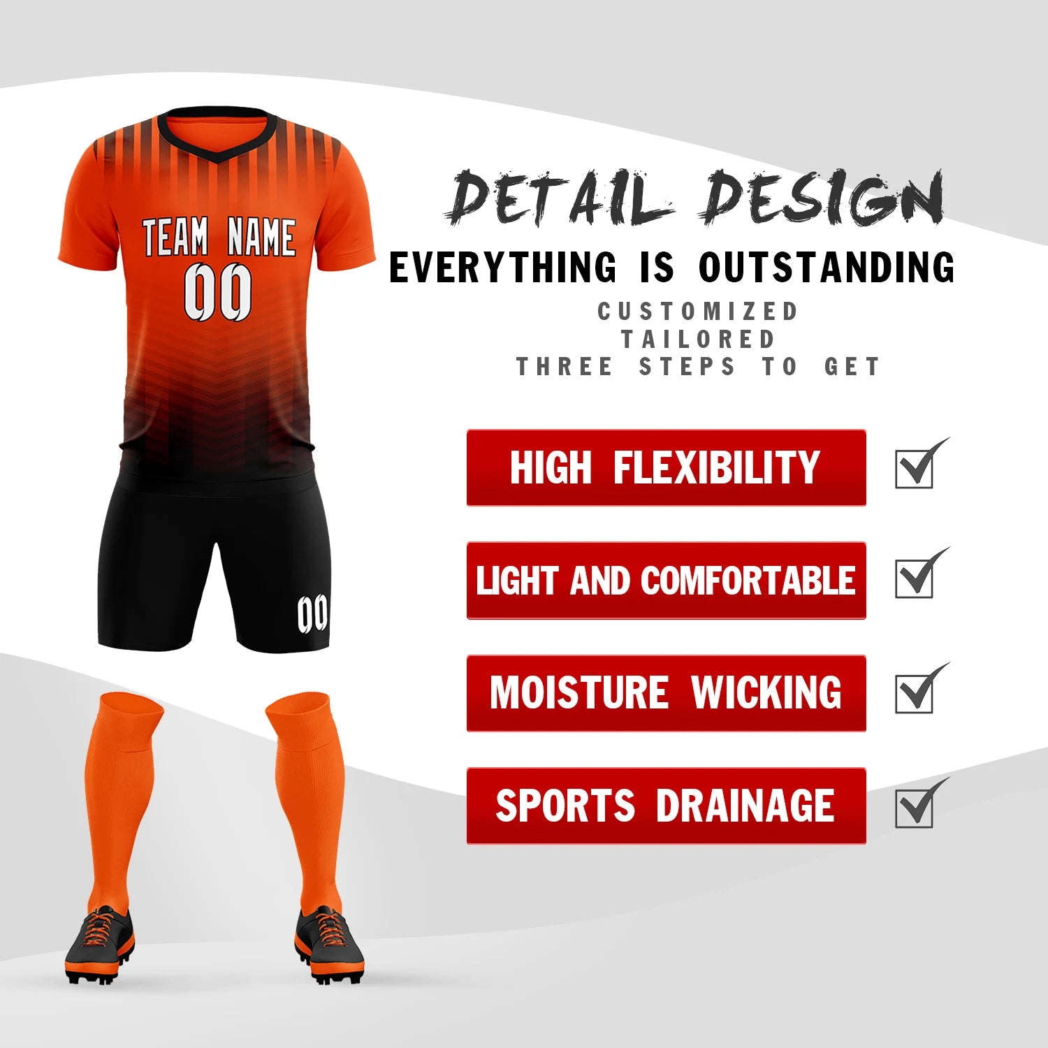 Custom Orange Black Soft Training Uniform Soccer Sets Jersey