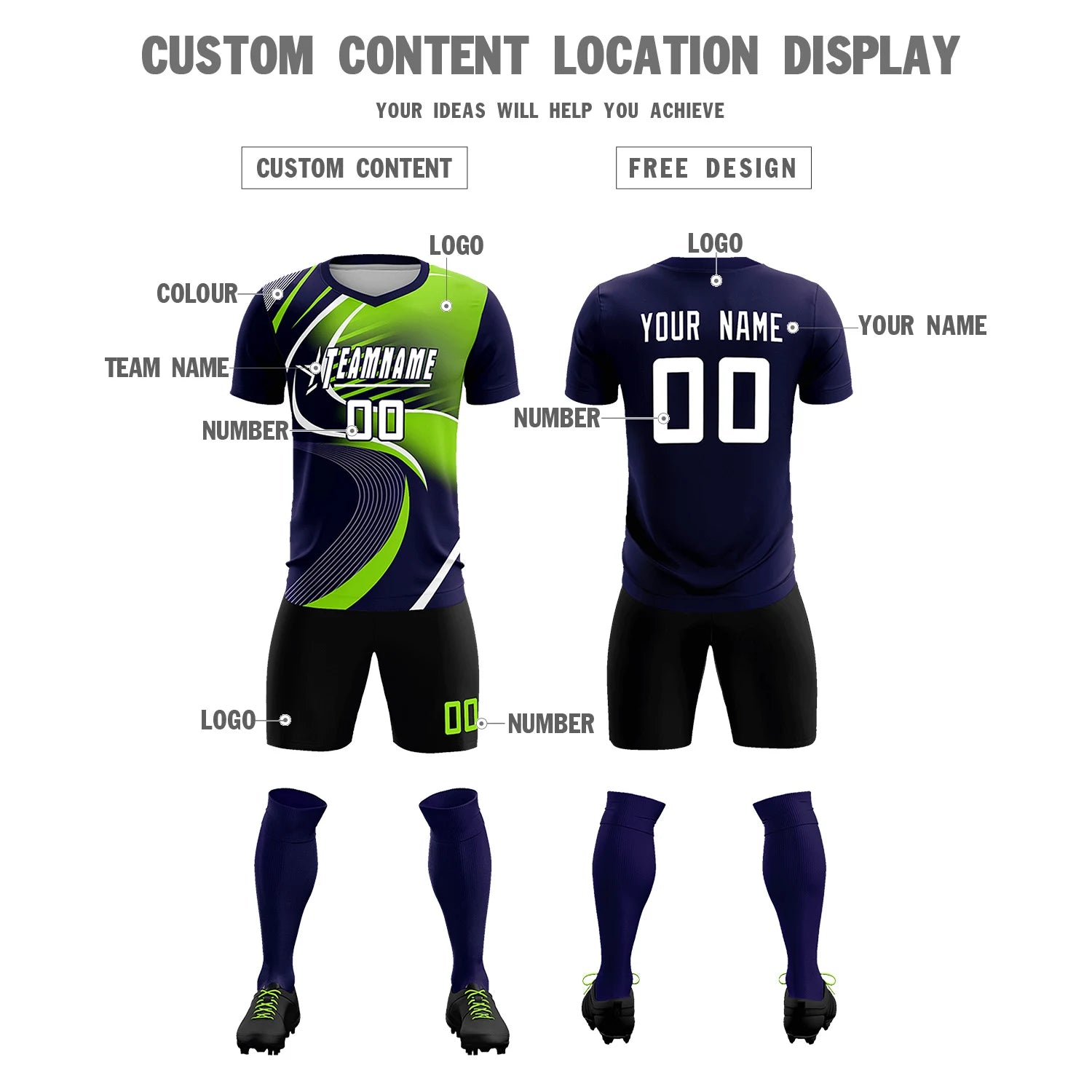 Custom Navy White-Neon Green Casual Printing Sportswear Soccer Sets Jersey