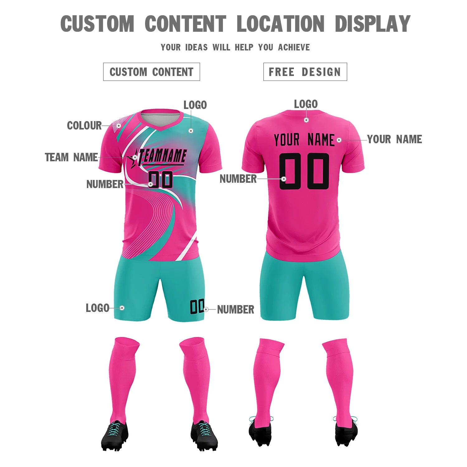 Custom Pink White-Bright Green Casual Printing Sportswear Soccer Sets Jersey