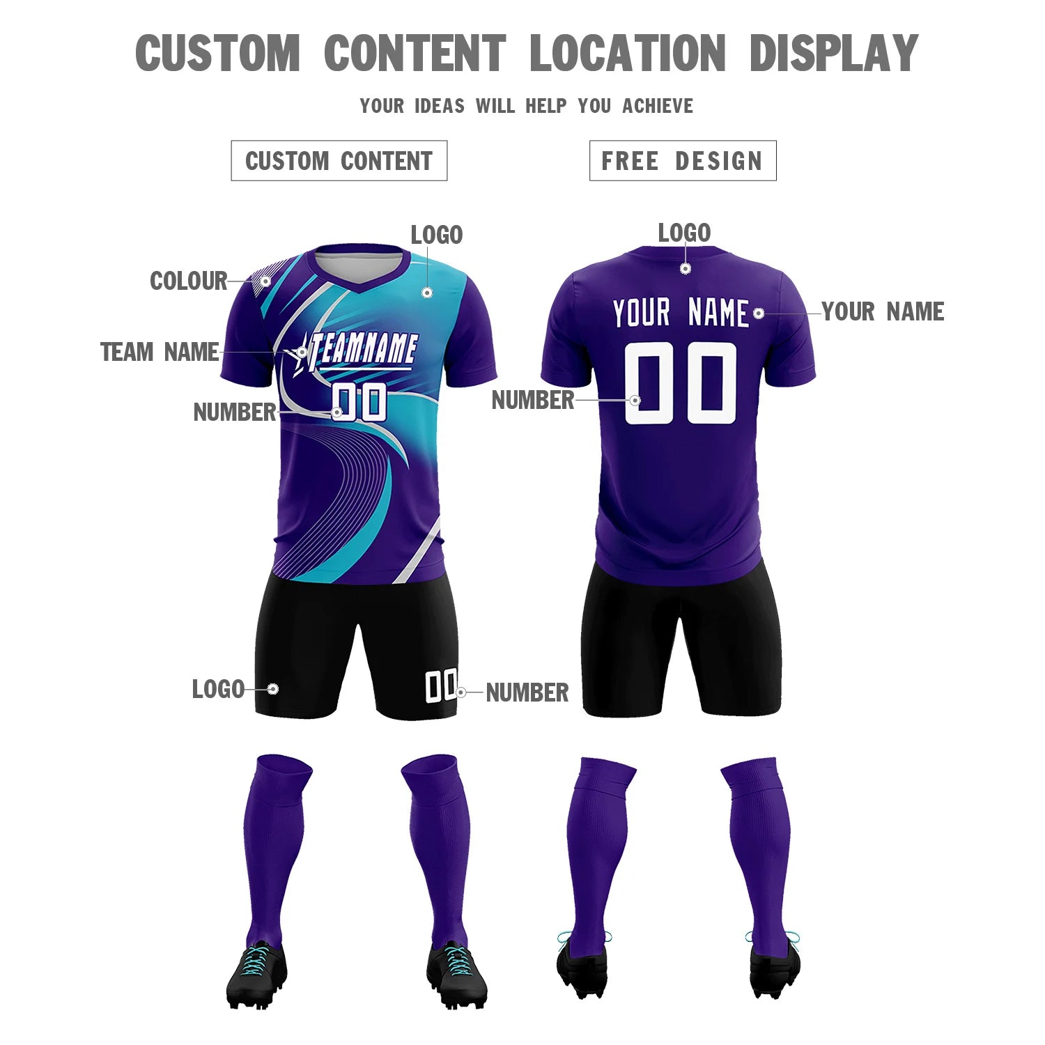 Custom Purple Gray-Aqua Casual Printing Sportswear Soccer Sets Jersey