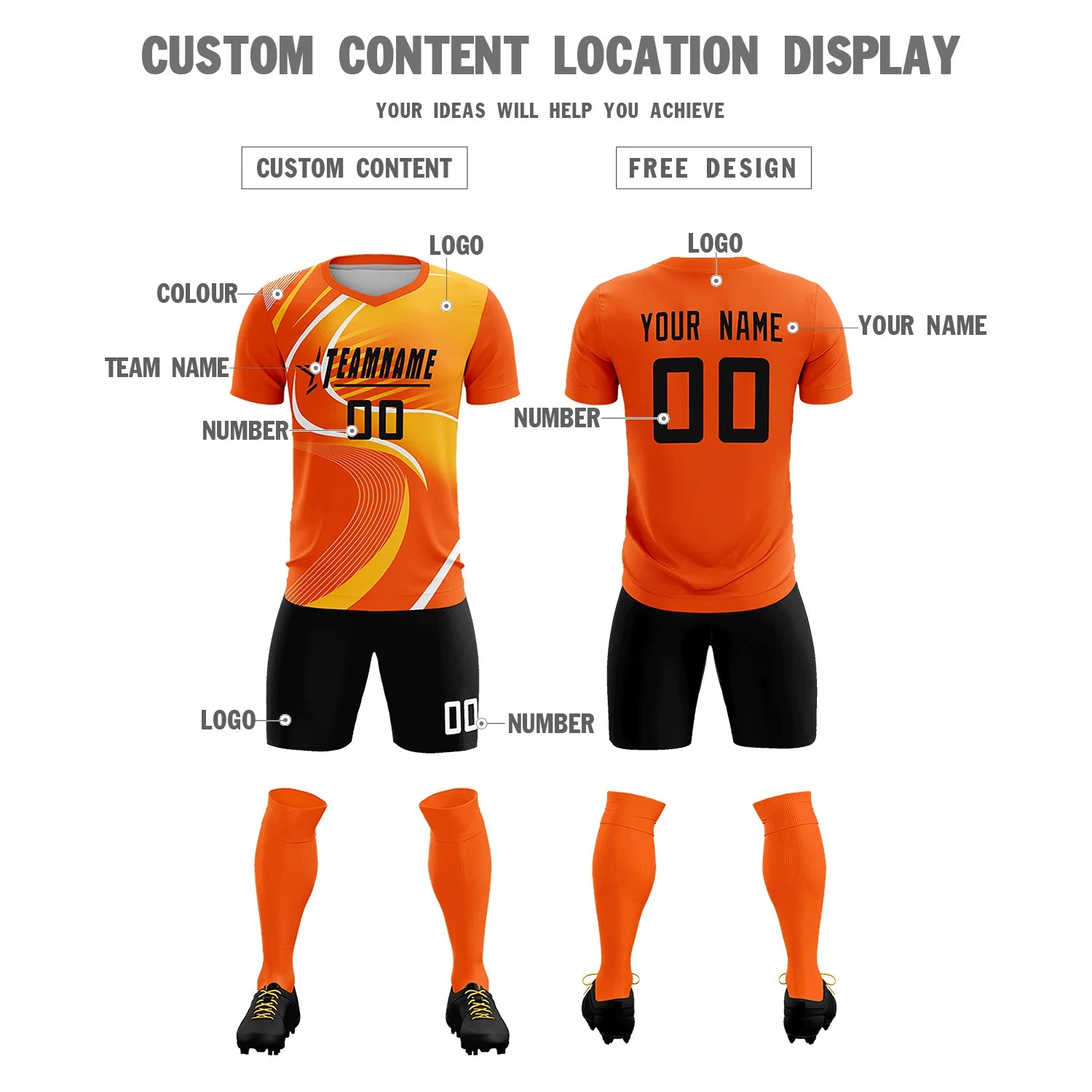 Custom Orange White-Yellow Casual Printing Sportswear Soccer Sets Jersey