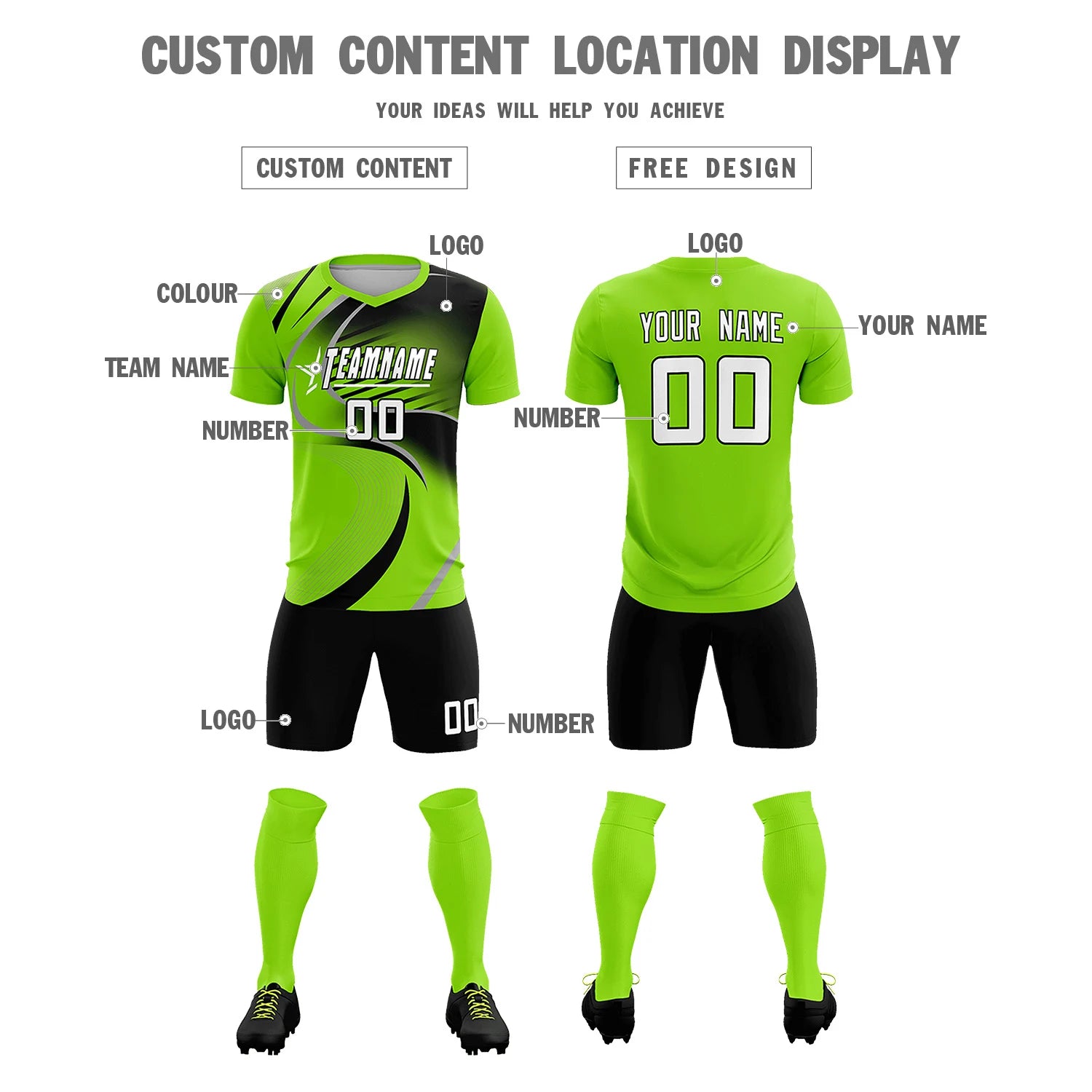 Custom Neon Green Gray-Black Casual Printing Sportswear Soccer Sets Jersey