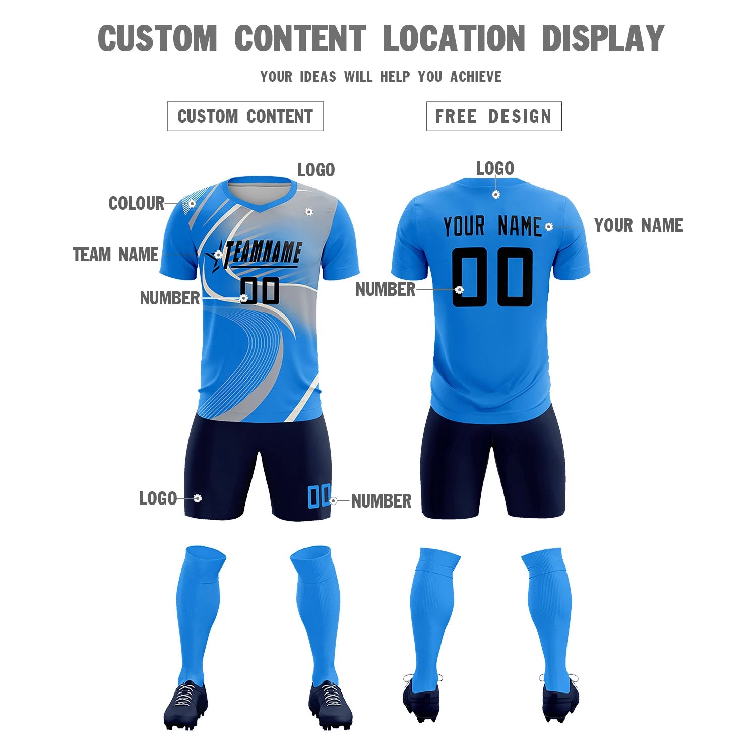 Custom Powder Blue White-Gray Casual Printing Sportswear Soccer Sets Jersey