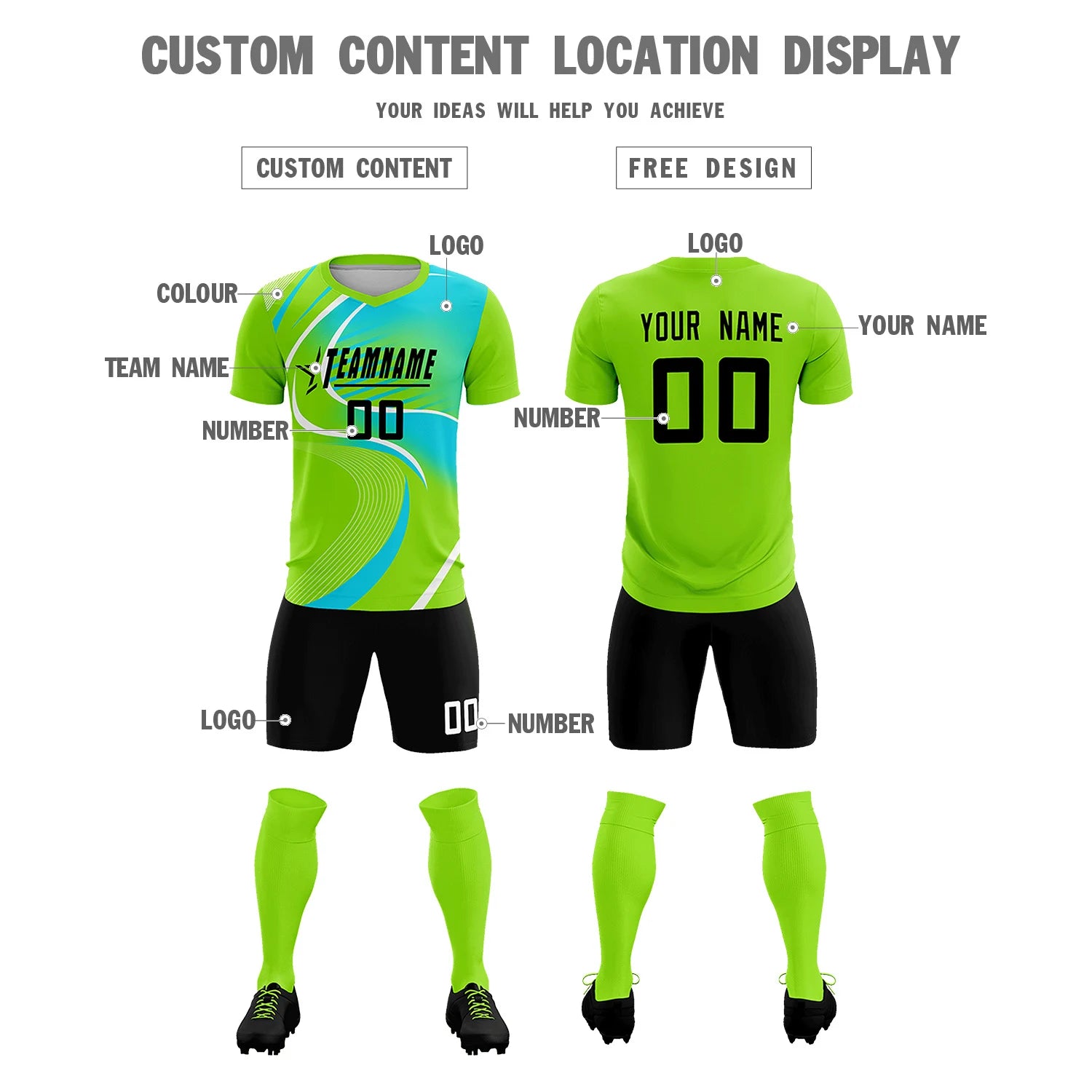 Custom Neon Green White-Sky Blue Casual Printing Sportswear Soccer Sets Jersey