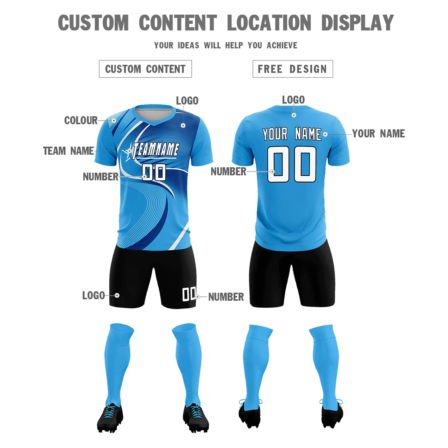 Custom Powder Blue White-Navy Casual Printing Sportswear Soccer Sets Jersey