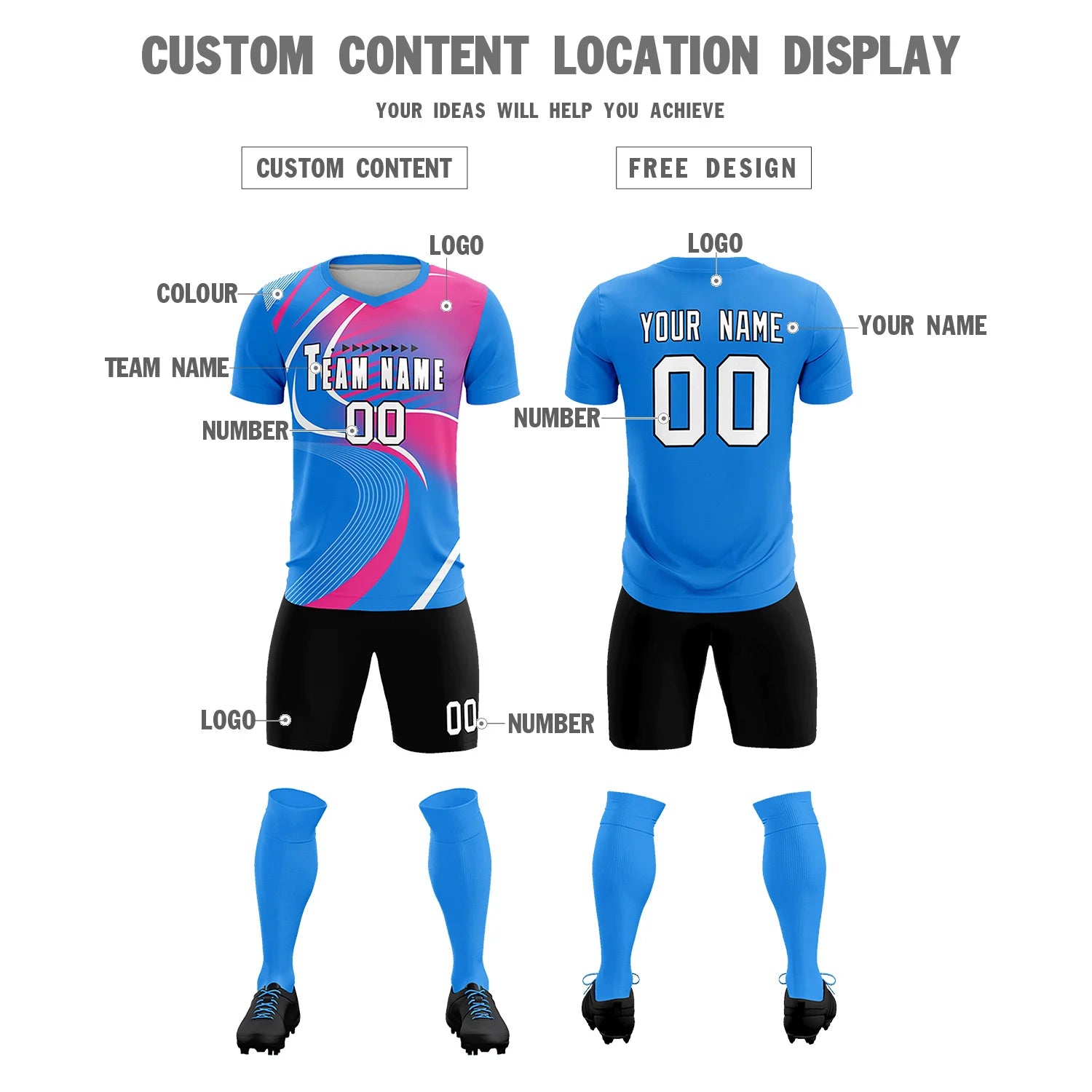 Custom Powder Blue White-Pink Casual Printing Sportswear Soccer Sets Jersey