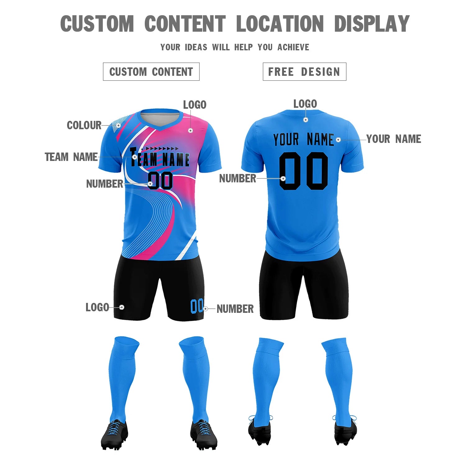 Custom Powder Blue White-Pink Casual Printing Sportswear Soccer Sets Jersey
