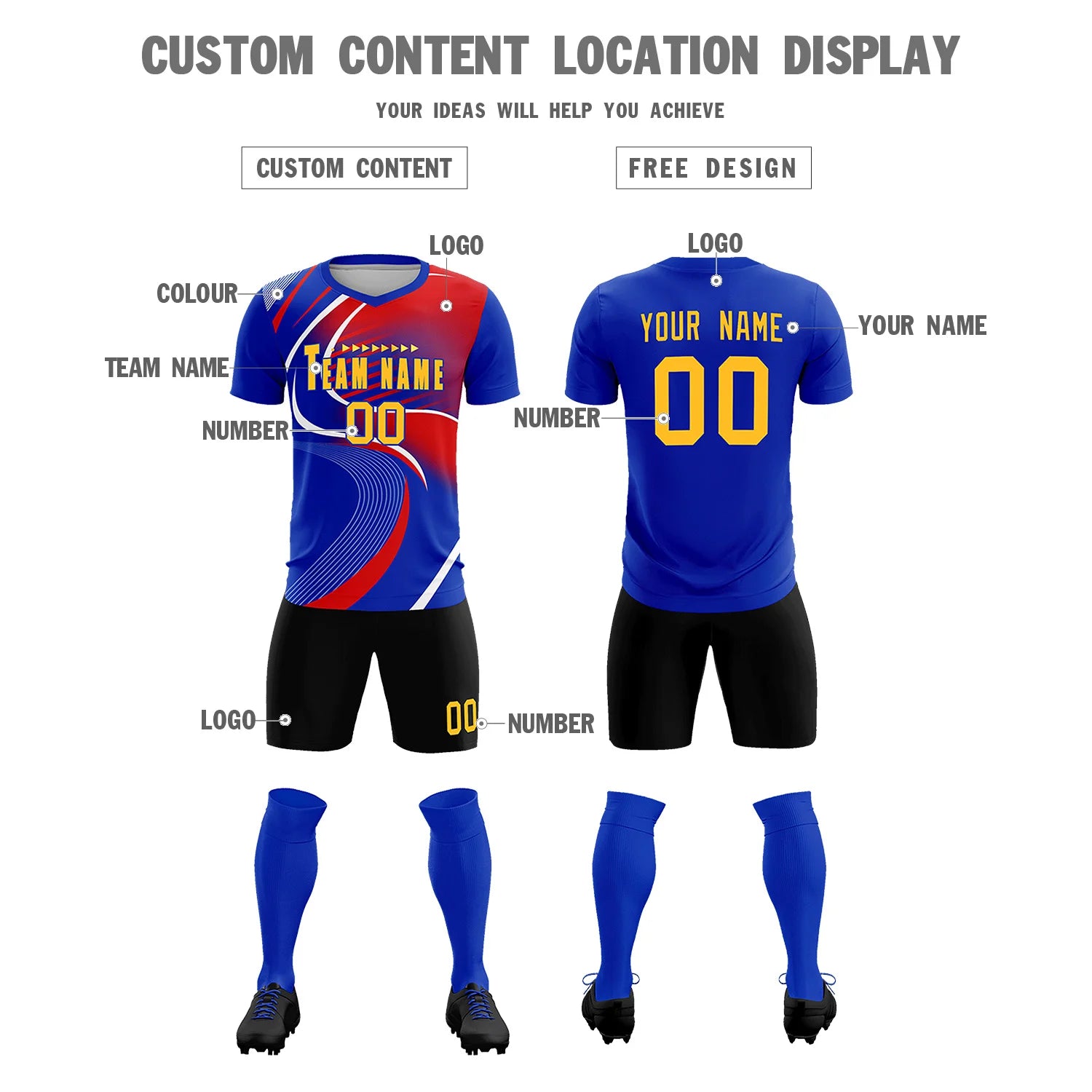 Custom Royal Blue White-Red Casual Printing Sportswear Soccer Sets Jersey