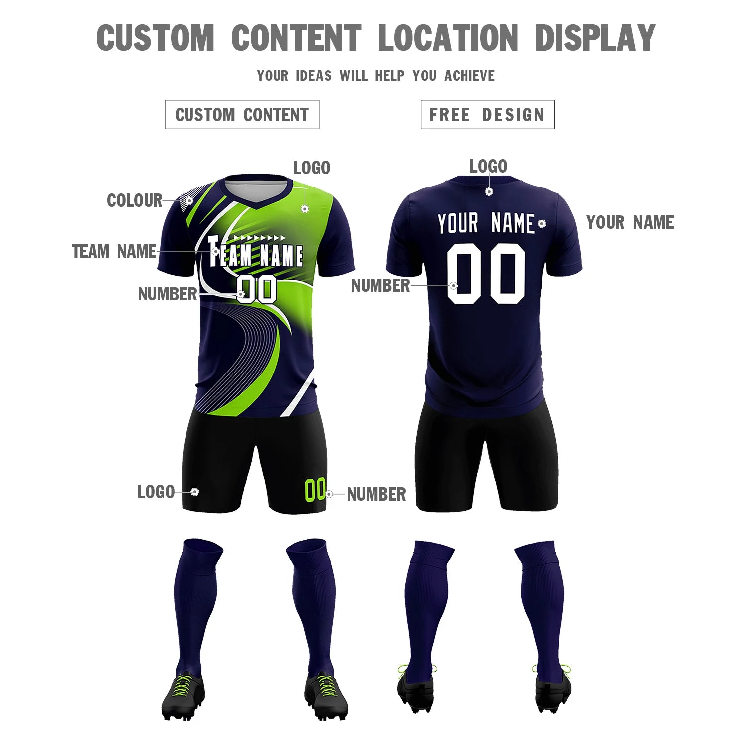 Custom Navy White-Neon Green Casual Printing Sportswear Soccer Sets Jersey