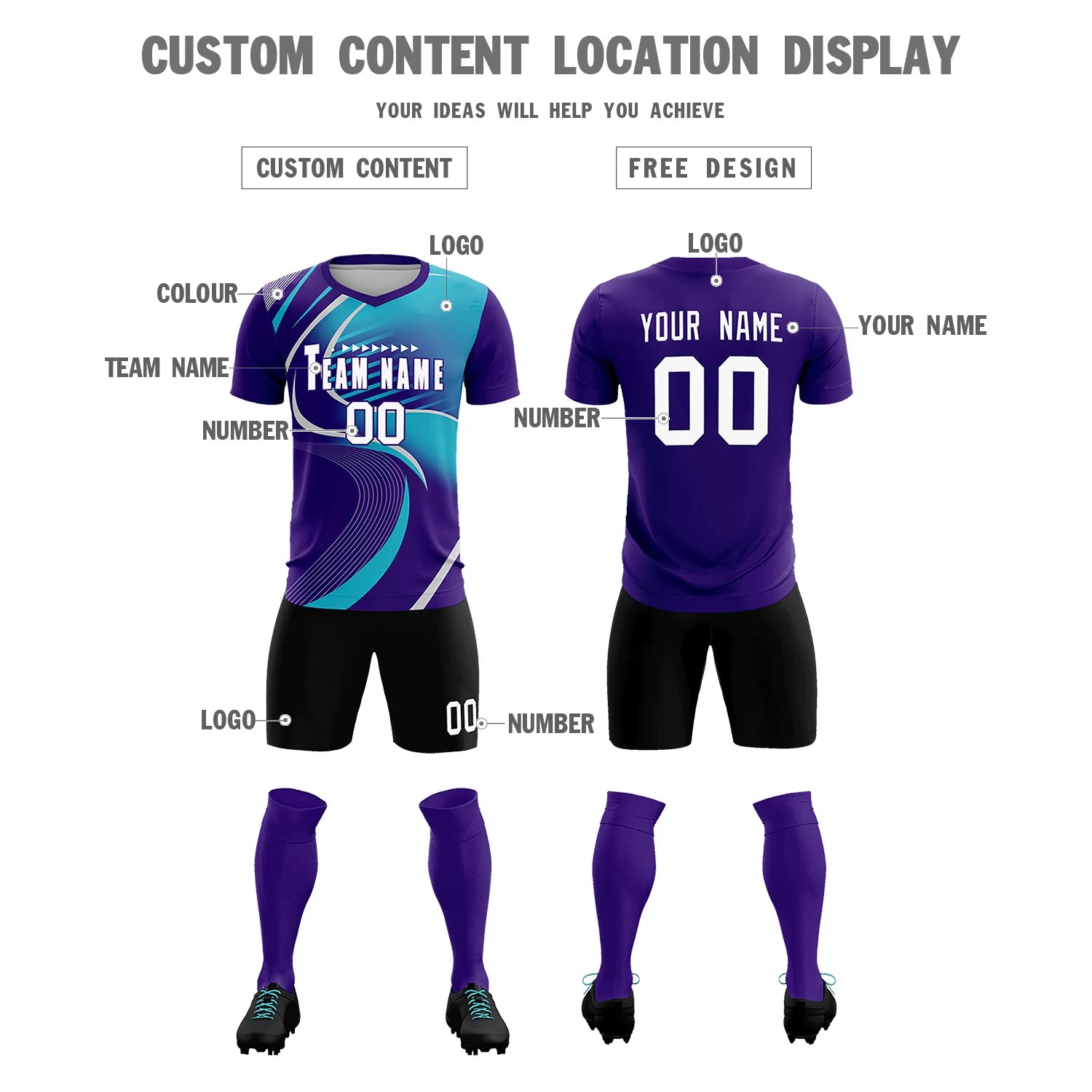 Custom Purple Gray-Aqua Casual Printing Sportswear Soccer Sets Jersey