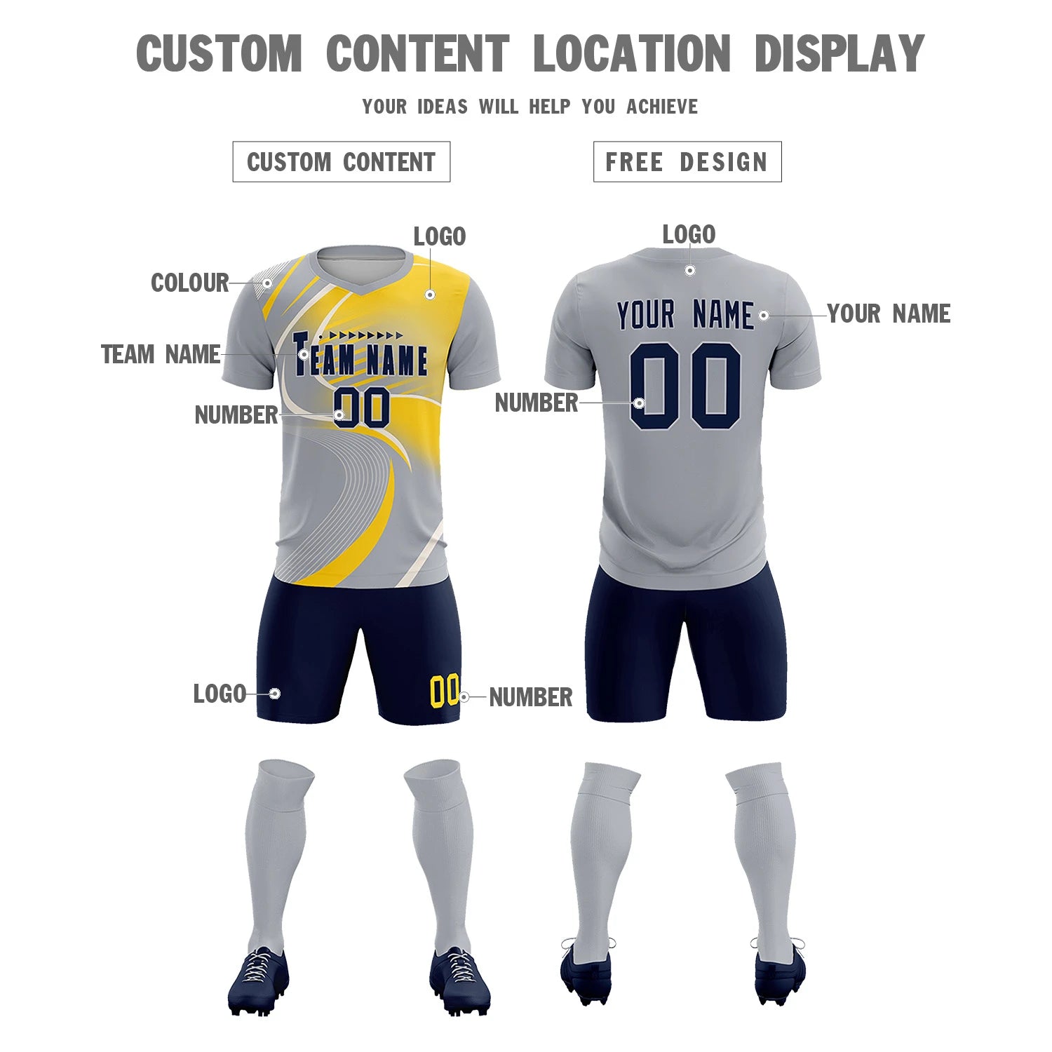 Custom Gray White-Gold01 Casual Printing Sportswear Soccer Sets Jersey