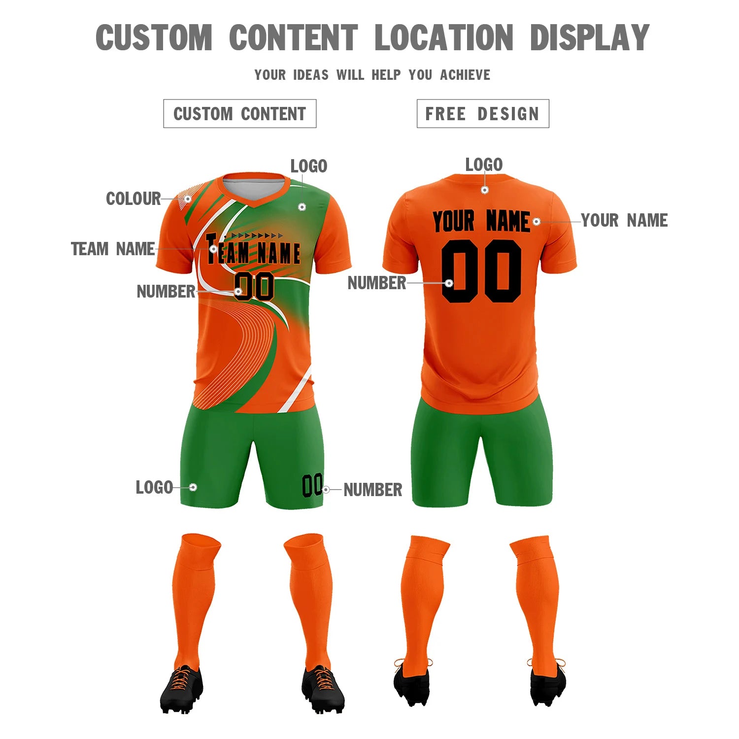 Custom Orange White-Kelly Green Casual Printing Sportswear Soccer Sets Jersey
