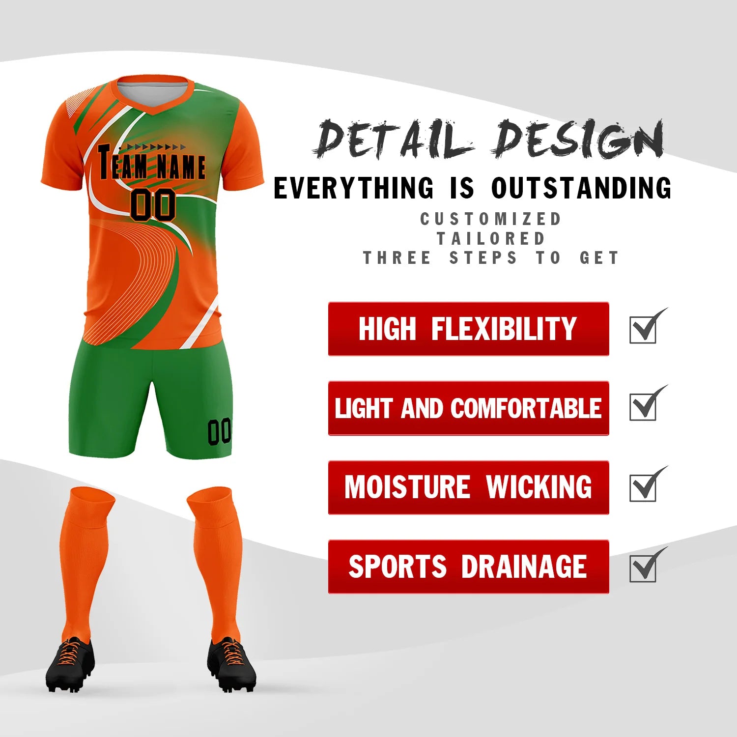 Custom Orange White-Kelly Green Casual Printing Sportswear Soccer Sets Jersey