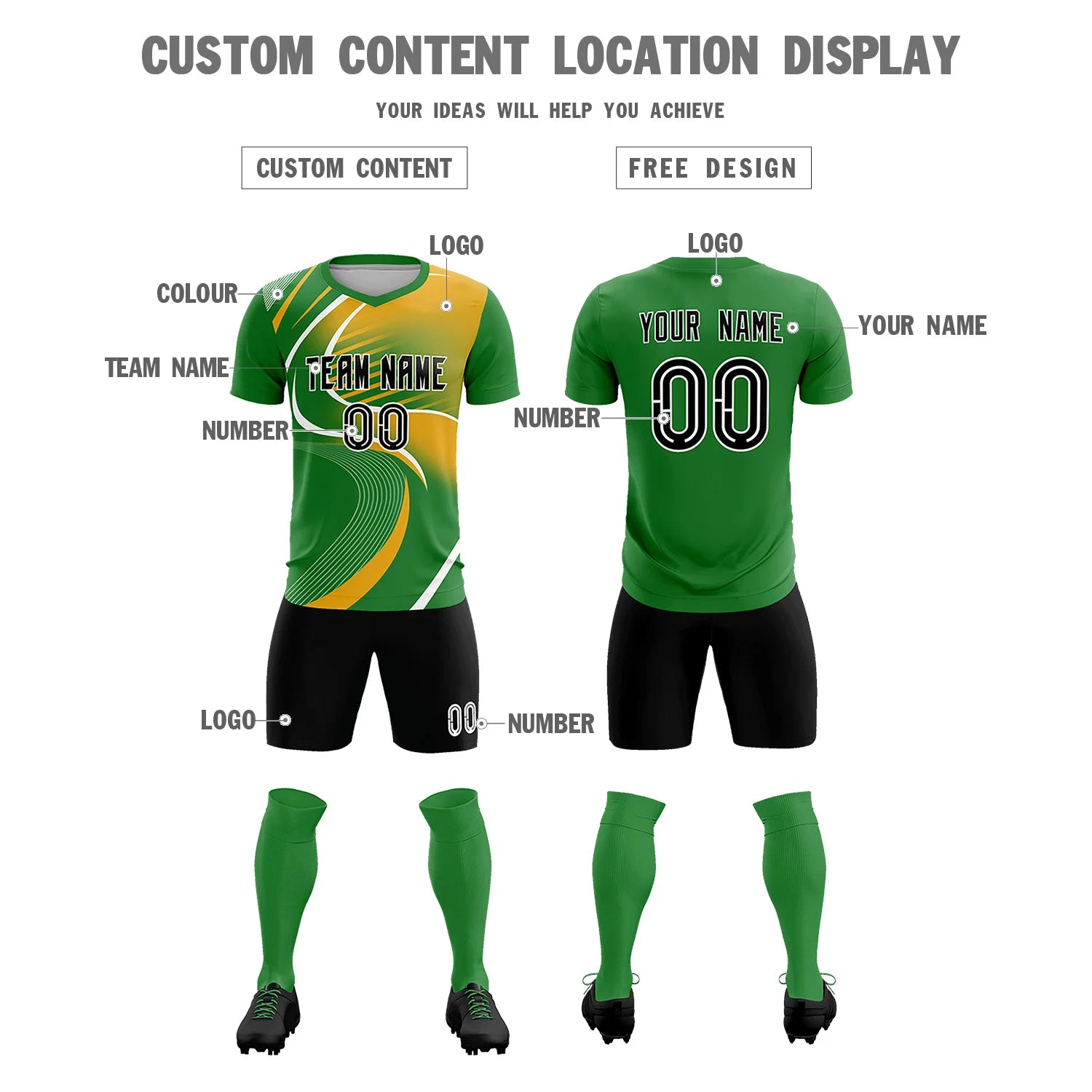 Custom Kelly Green White-Yellow Casual Printing Sportswear Soccer Sets Jersey