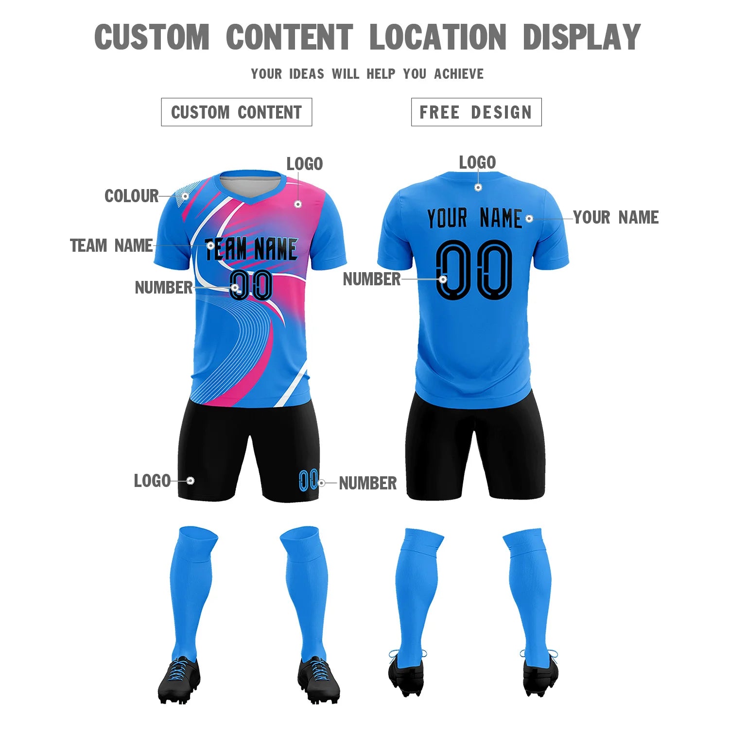 Custom Powder Blue White-Pink Casual Printing Sportswear Soccer Sets Jersey