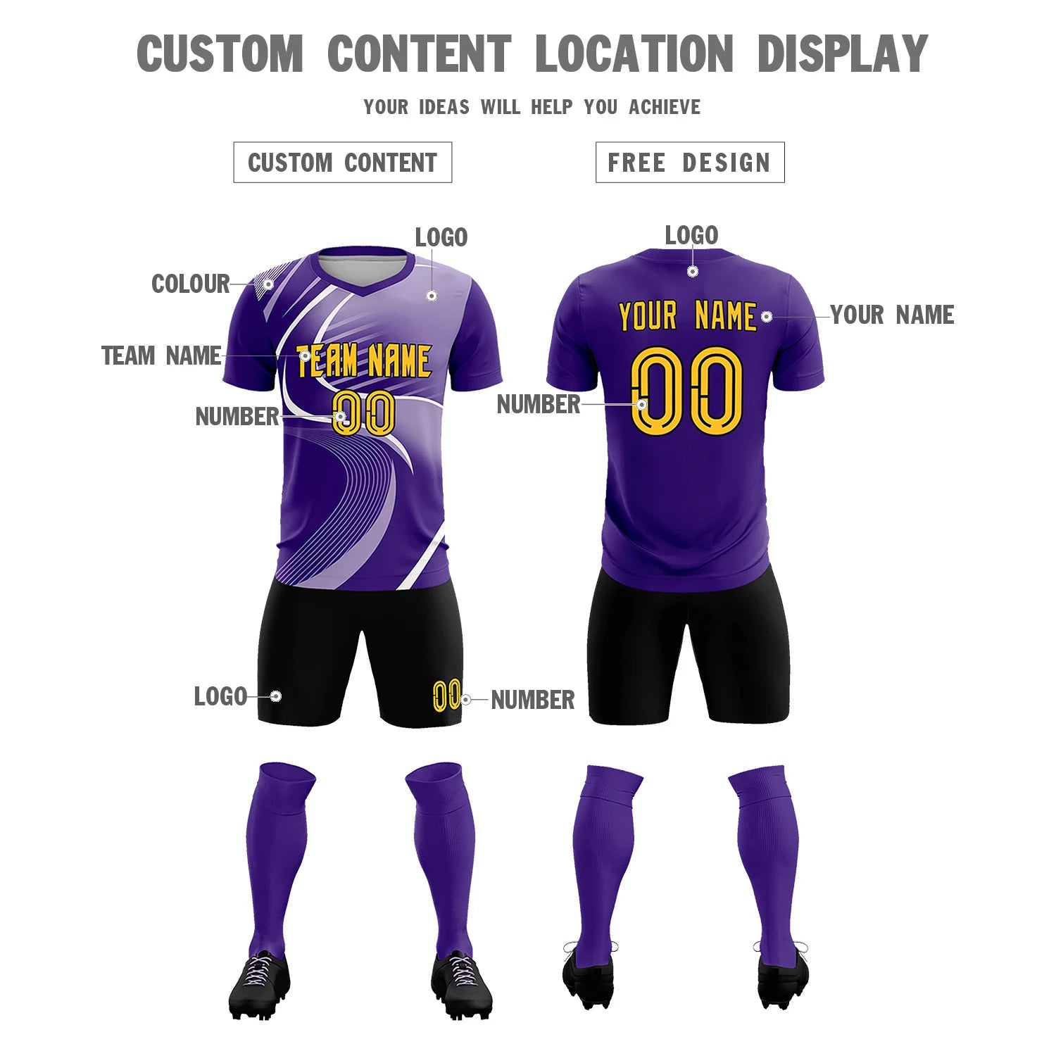 Custom Purple White-Light Purple Casual Printing Sportswear Soccer Sets Jersey