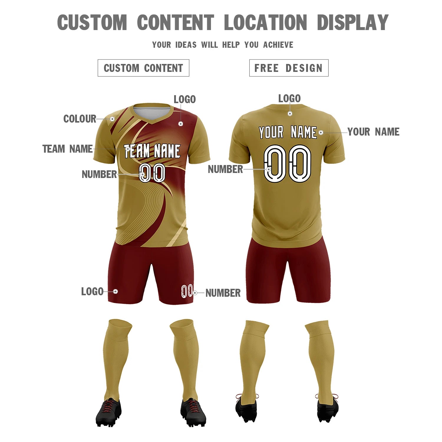 Custom Old Gold Khaki-Crimson Casual Printing Sportswear Soccer Sets Jersey