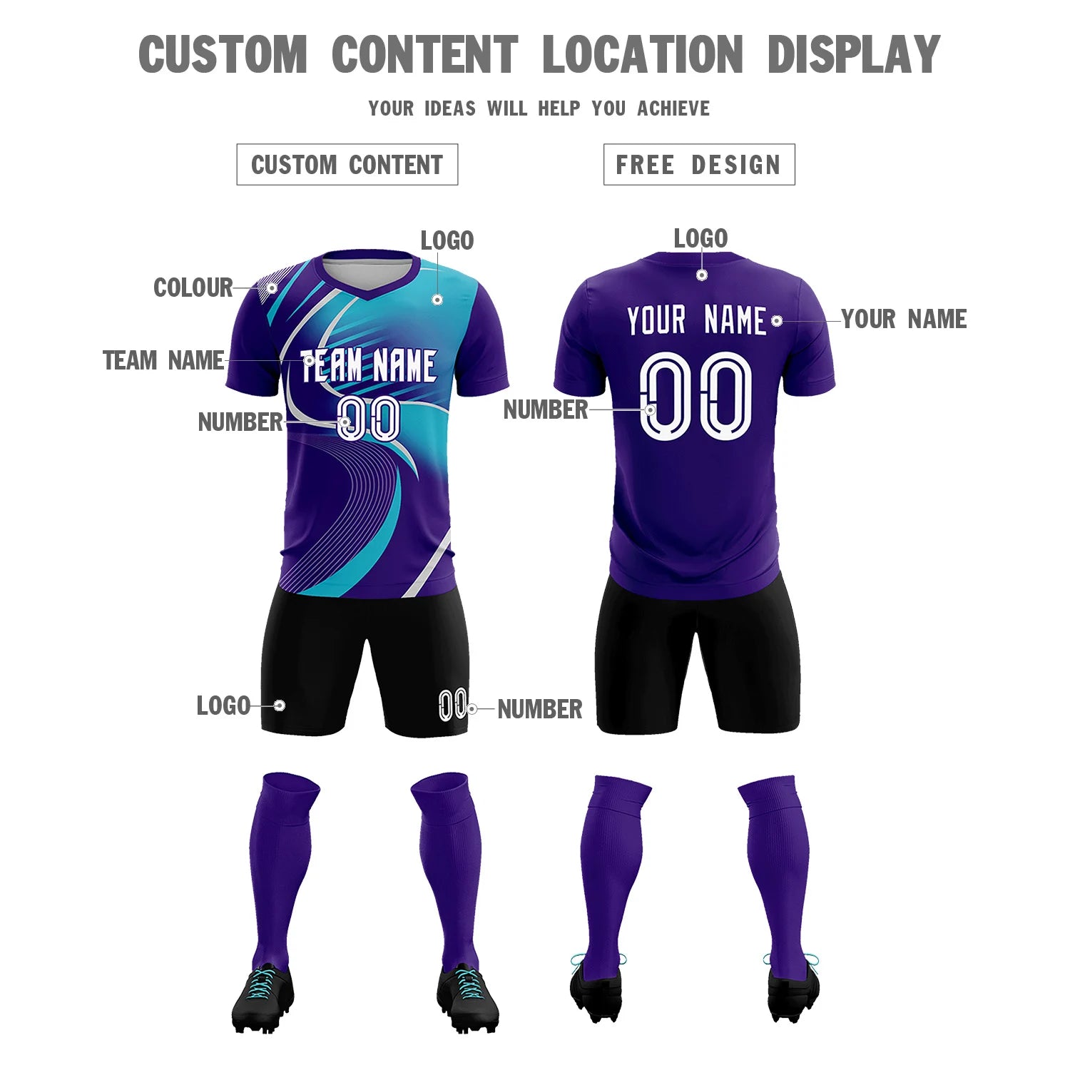 Custom Purple Gray-Aqua Casual Printing Sportswear Soccer Sets Jersey