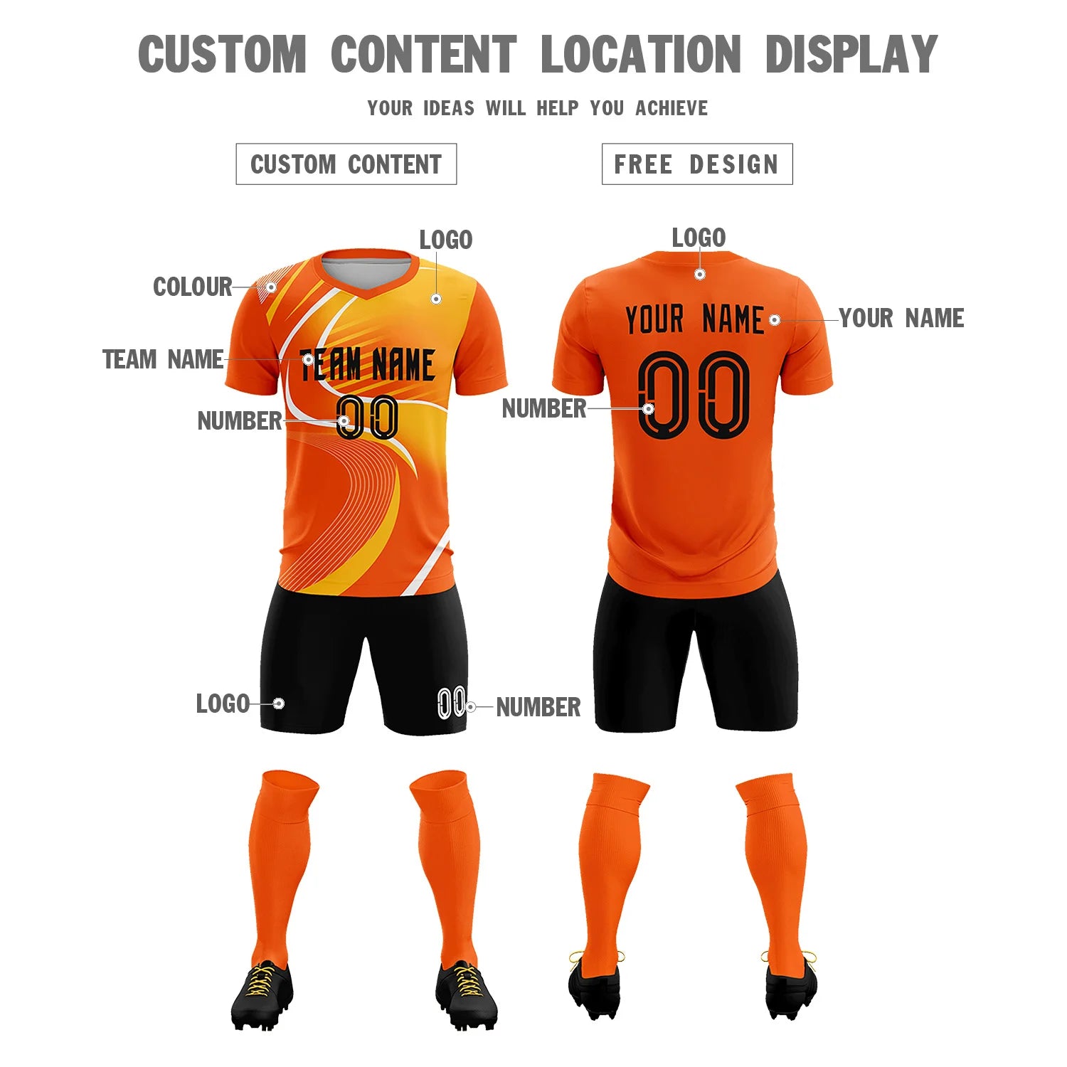 Custom Orange White-Yellow Casual Printing Sportswear Soccer Sets Jersey