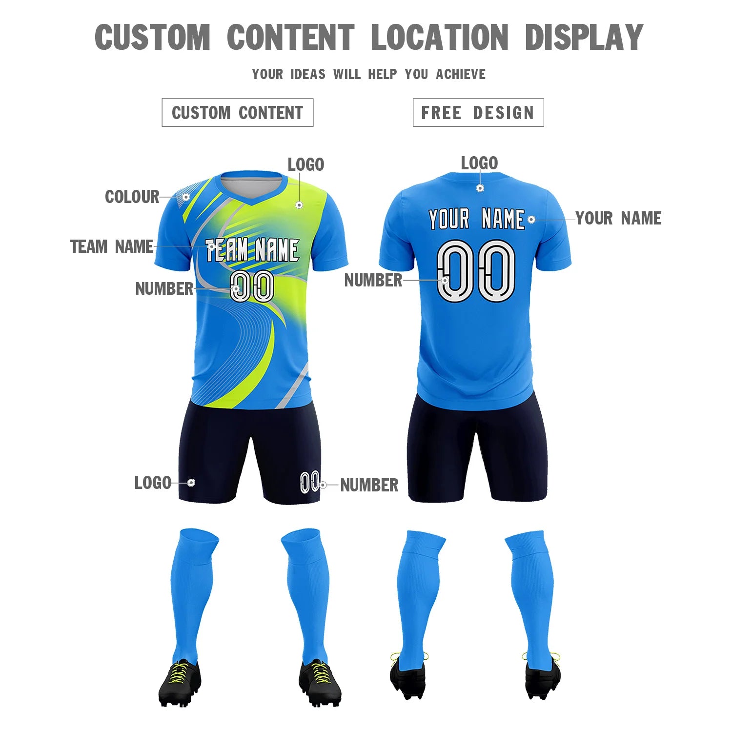 Custom Powder Blue Gray-Neon Green Casual Printing Sportswear Soccer Sets Jersey