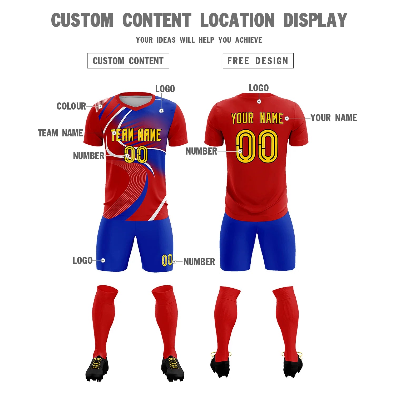 Custom Red White-Royal Blue Casual Printing Sportswear Soccer Sets Jersey