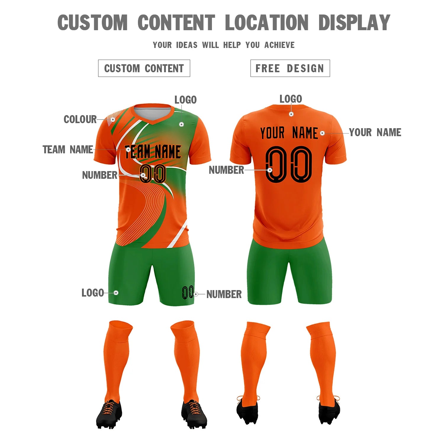 Custom Orange White-Kelly Green Casual Printing Sportswear Soccer Sets Jersey