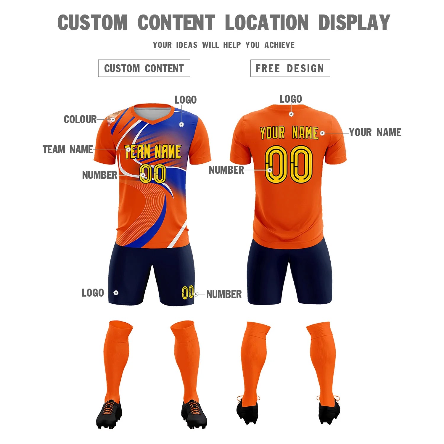 Custom Orange White-Royal Blue Casual Printing Sportswear Soccer Sets Jersey