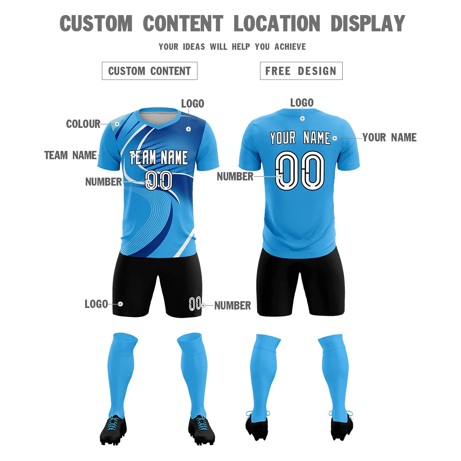 Custom Powder Blue White-Navy Casual Printing Sportswear Soccer Sets Jersey