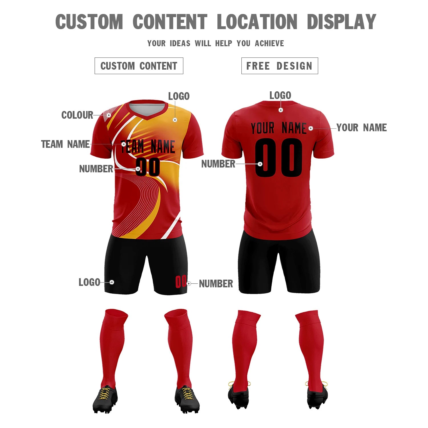 Custom Red White-Yellow Casual Printing Sportswear Soccer Sets Jersey