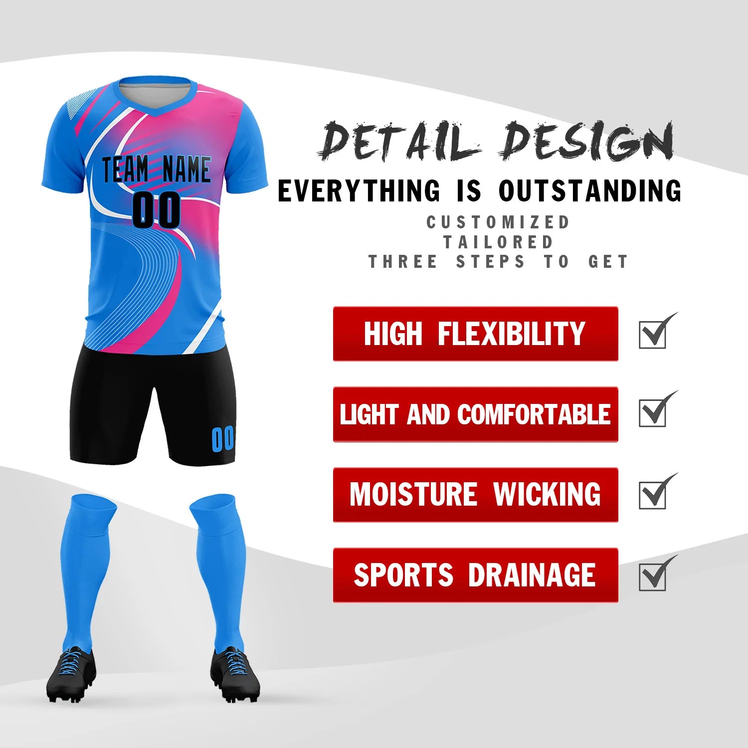 Custom Powder Blue White-Pink Casual Printing Sportswear Soccer Sets Jersey