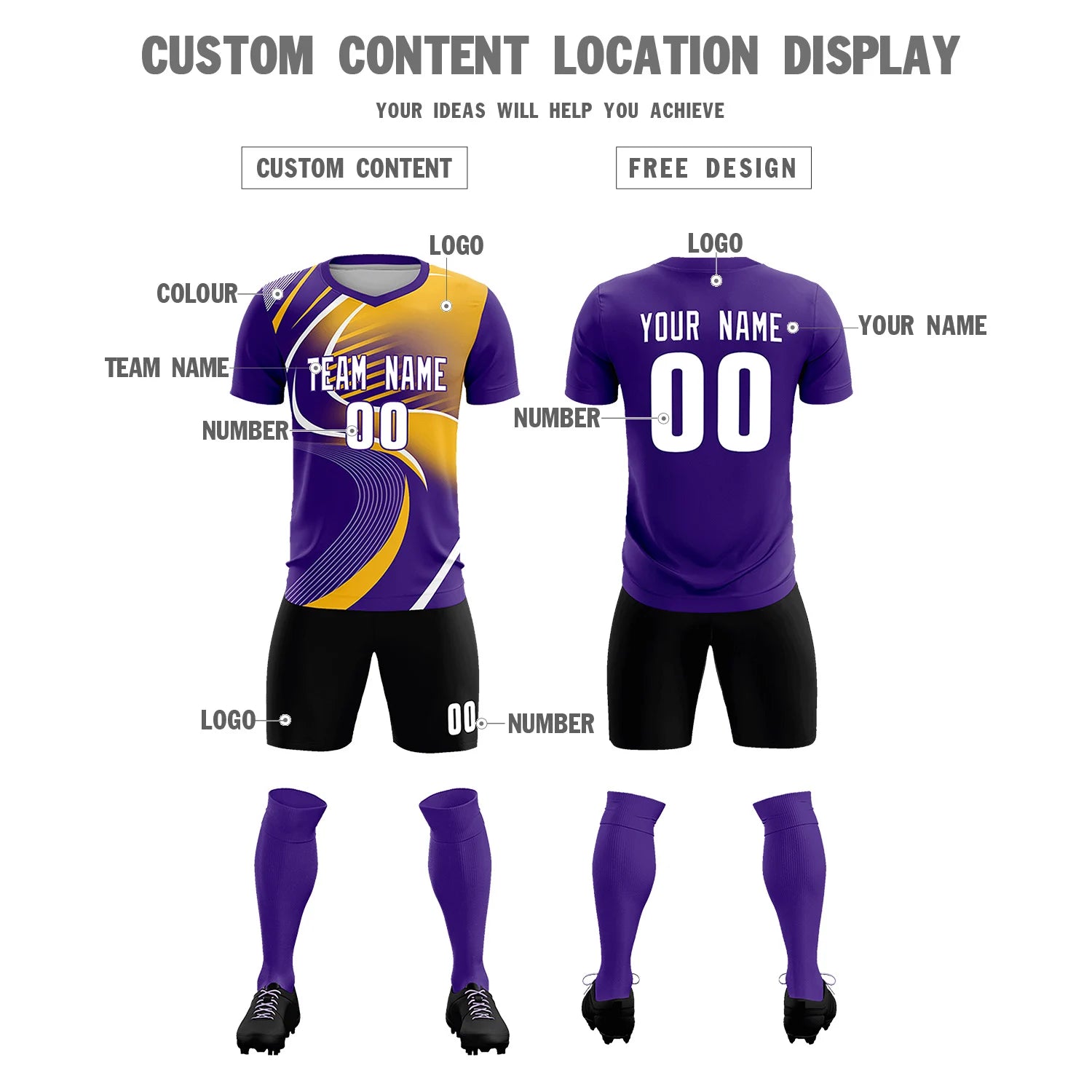 Custom Purple White-Gold01 Casual Printing Sportswear Soccer Sets Jersey