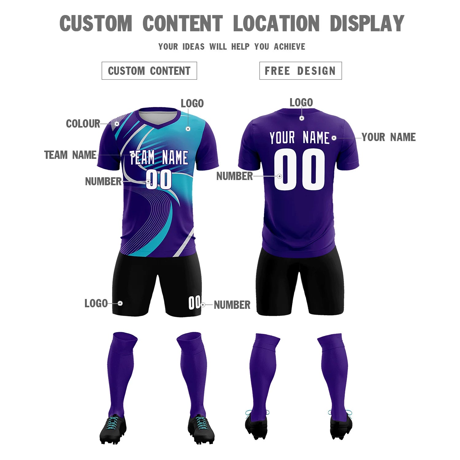 Custom Purple Gray-Aqua Casual Printing Sportswear Soccer Sets Jersey