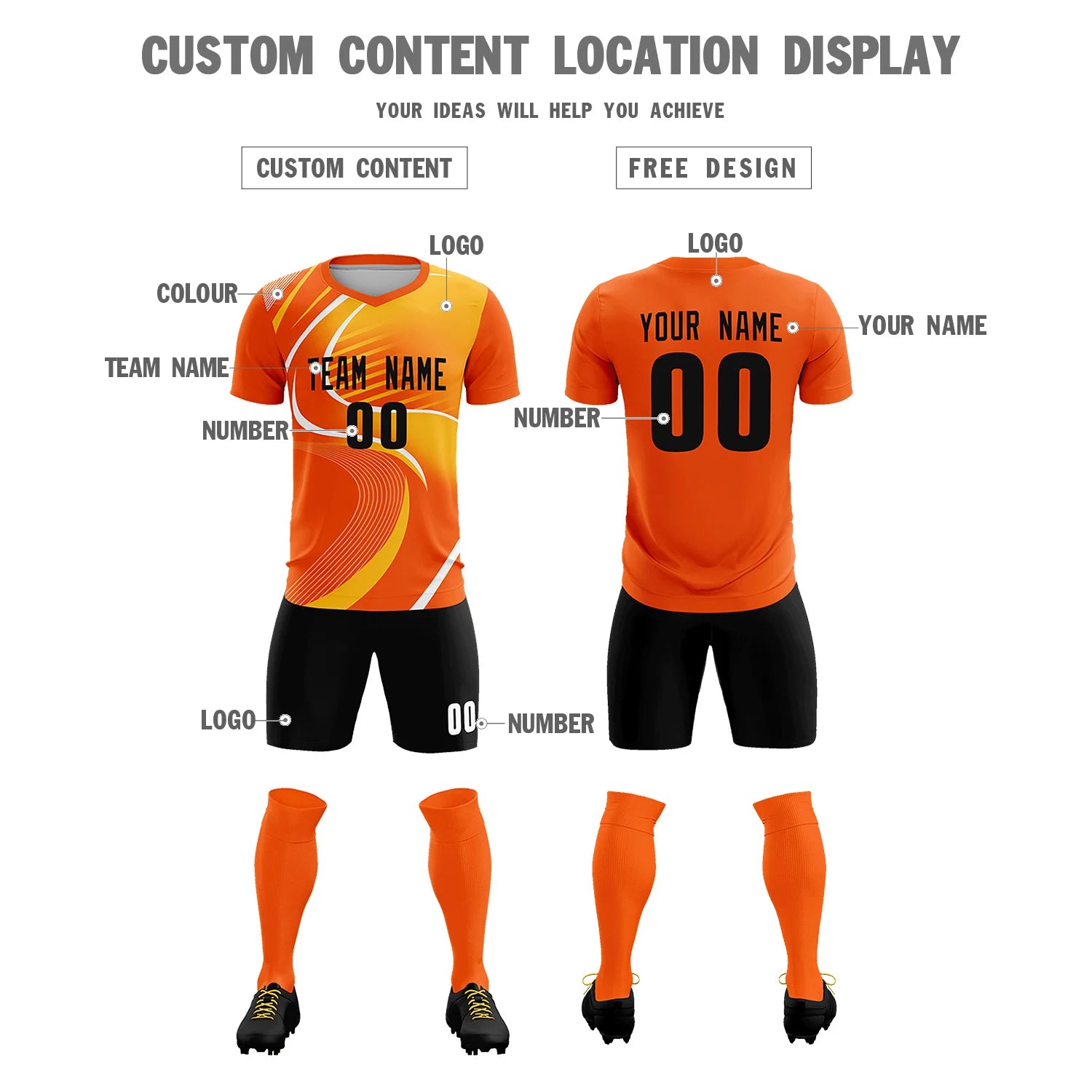 Custom Orange White-Yellow Casual Printing Sportswear Soccer Sets Jersey