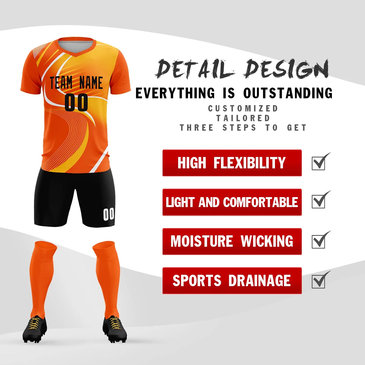 Custom Orange White-Yellow Casual Printing Sportswear Soccer Sets Jersey