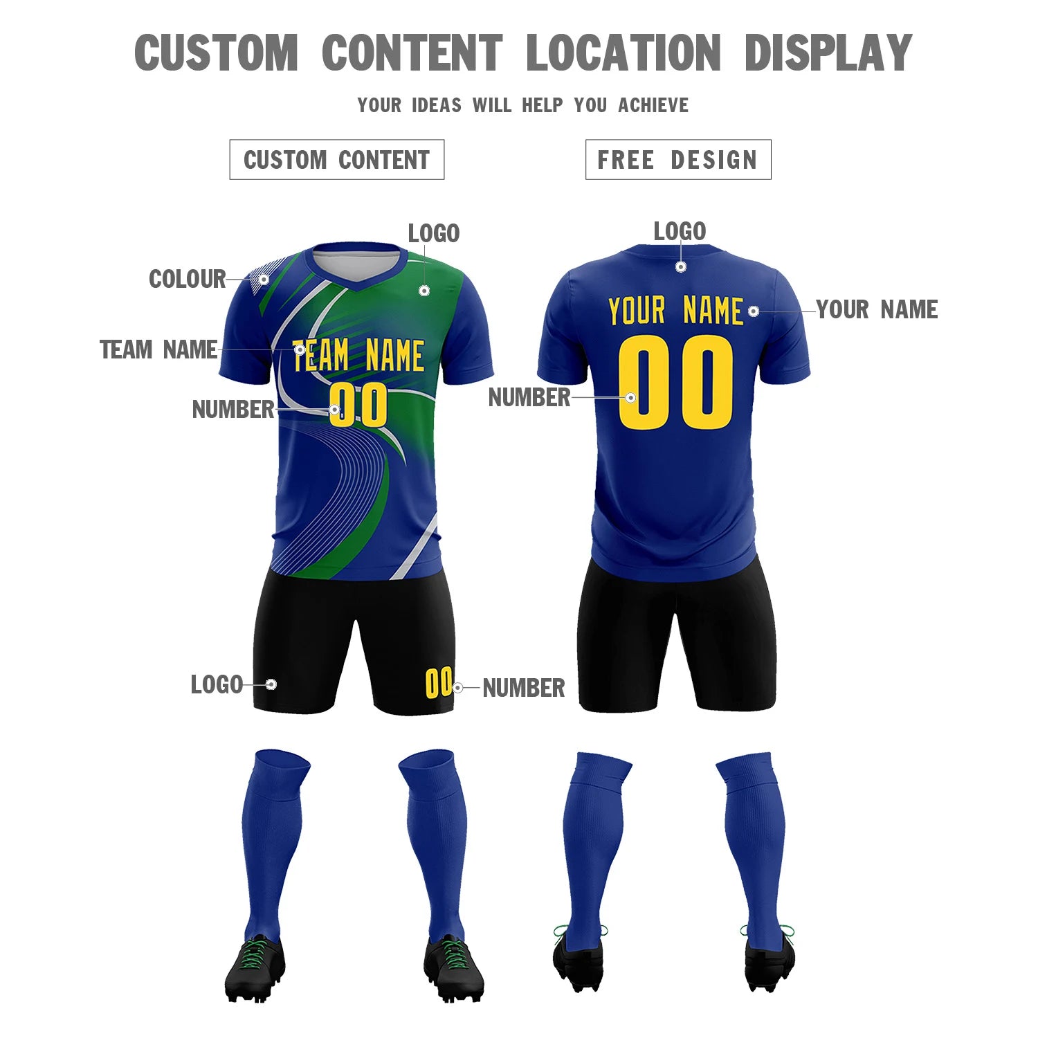 Custom Royal Blue Gray-Kelly Green Casual Printing Sportswear Soccer Sets Jersey